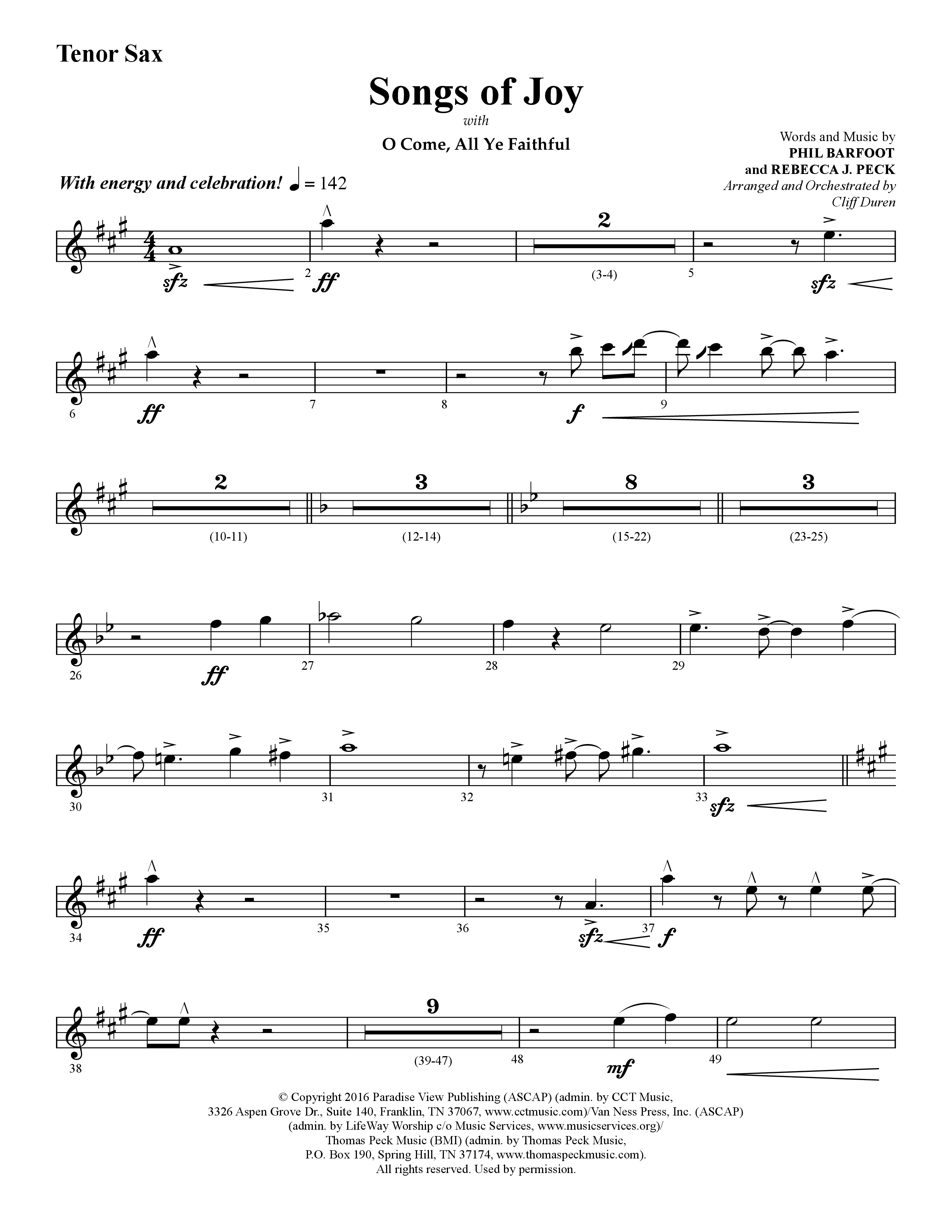 Songs of Joy (with O Come All Ye Faithful) (Choral Anthem SATB) Tenor Sax 1 (Lifeway Choral / Arr. Cliff Duren)