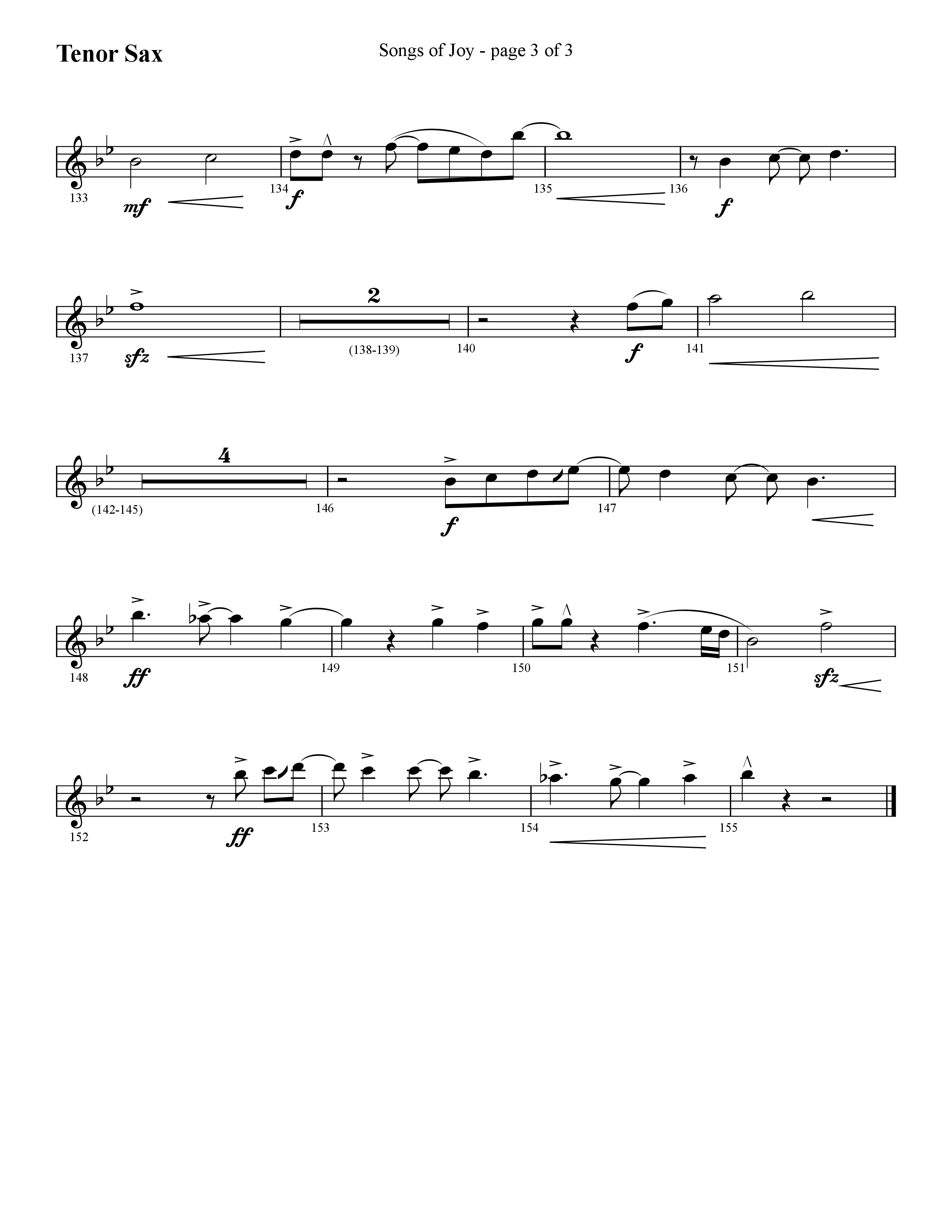 Songs of Joy (with O Come All Ye Faithful) (Choral Anthem SATB) Tenor Sax 1 (Lifeway Choral / Arr. Cliff Duren)