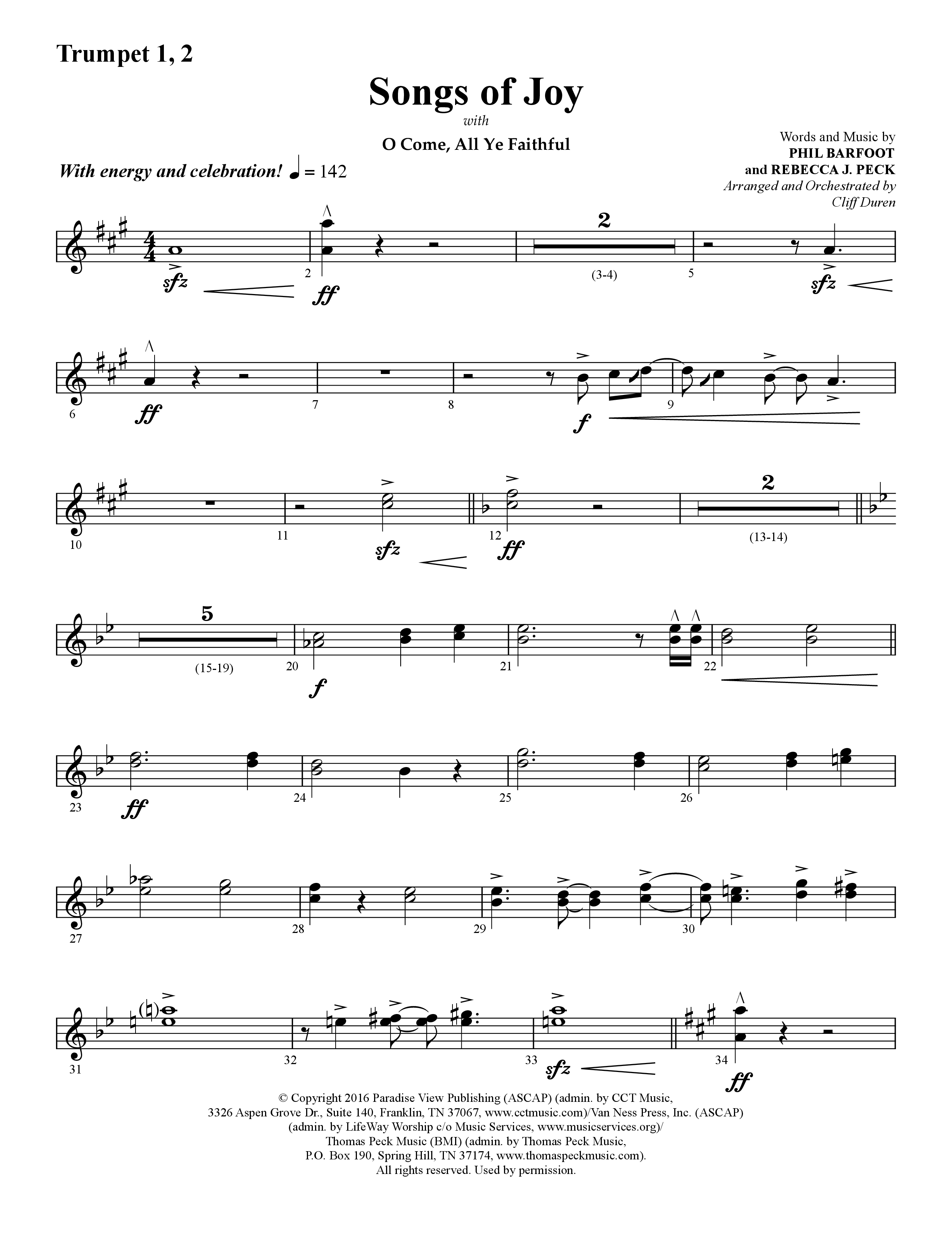Songs of Joy (with O Come All Ye Faithful) (Choral Anthem SATB) Trumpet 1,2 (Lifeway Choral / Arr. Cliff Duren)