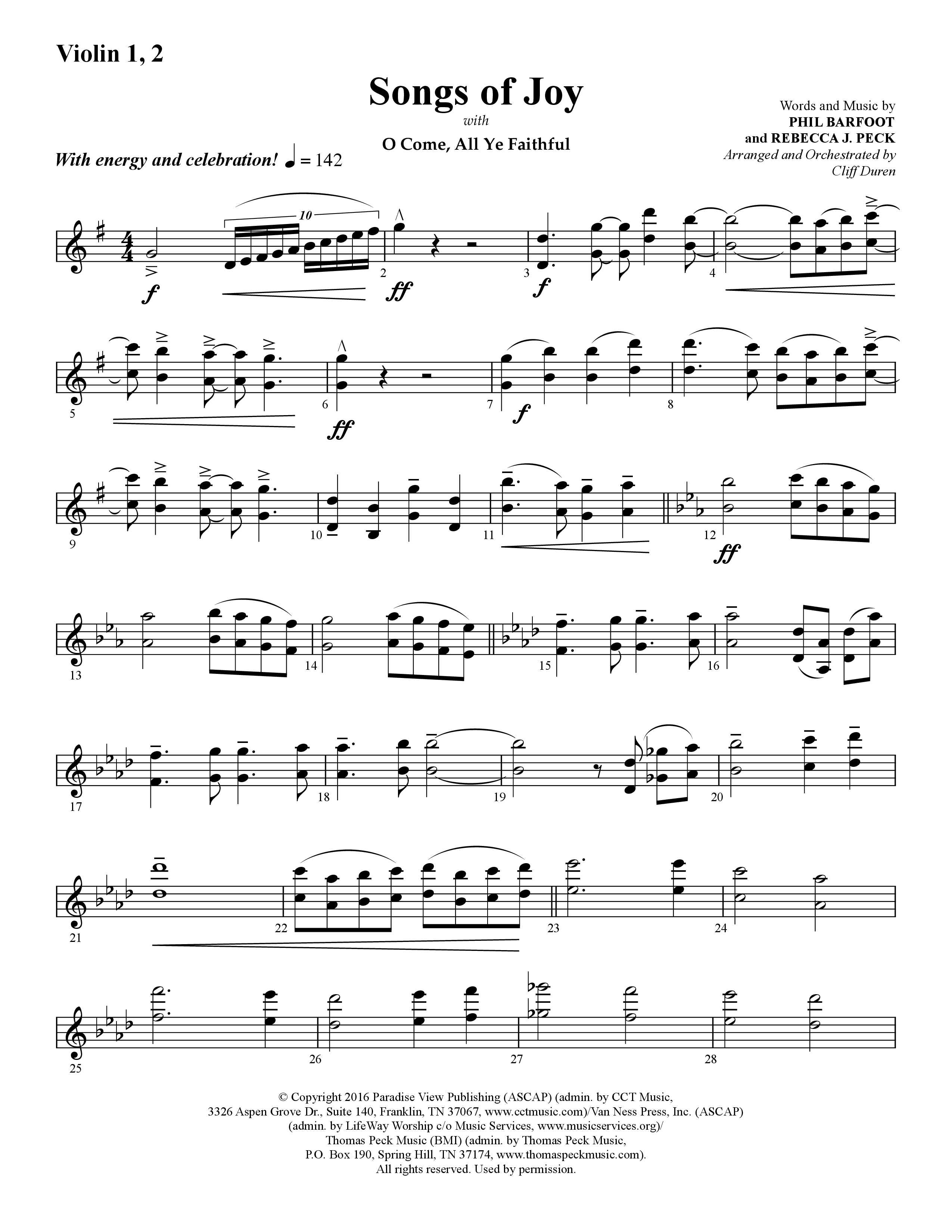 Songs of Joy (with O Come All Ye Faithful) (Choral Anthem SATB) Violin 1/2 (Lifeway Choral / Arr. Cliff Duren)
