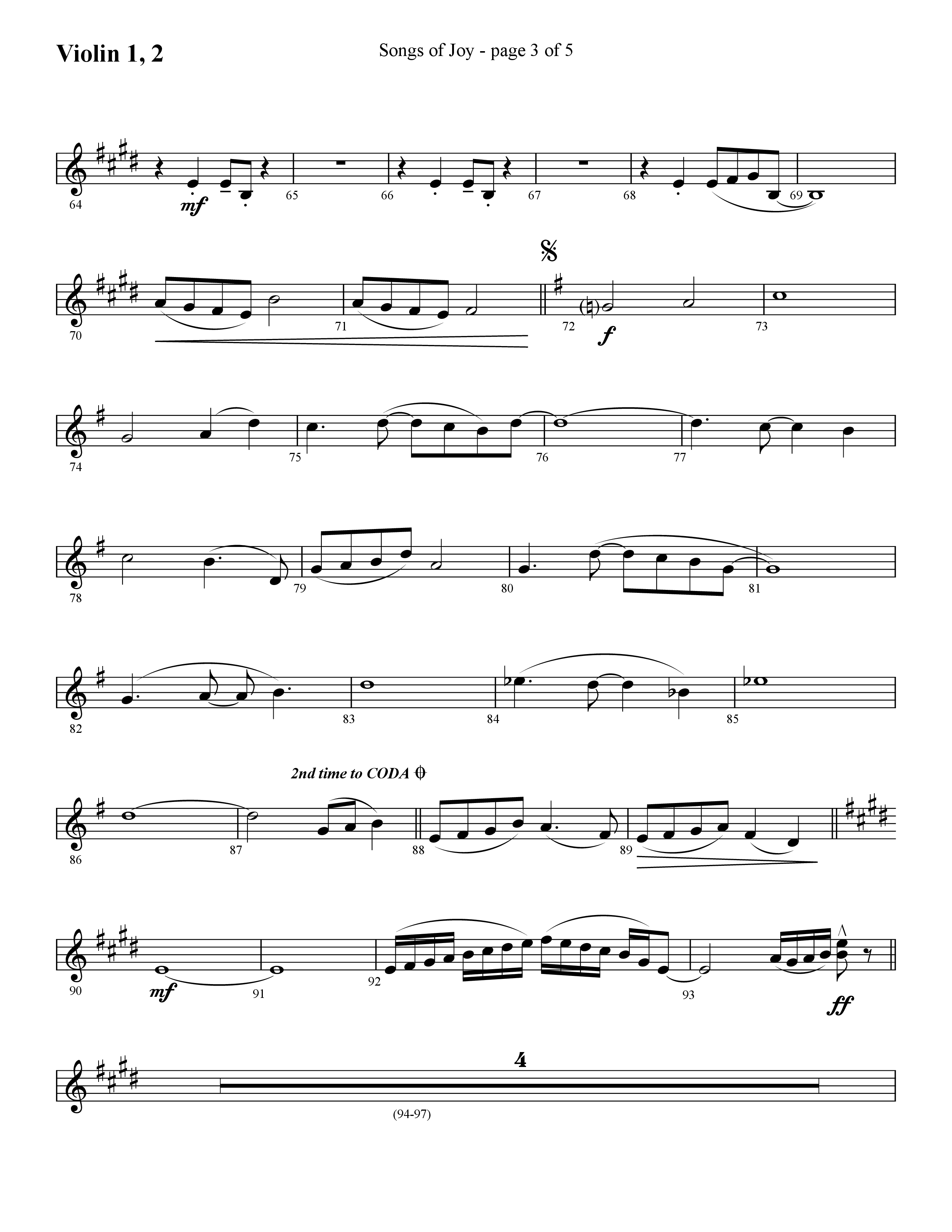 Songs of Joy (with O Come All Ye Faithful) (Choral Anthem SATB) Violin 1/2 (Lifeway Choral / Arr. Cliff Duren)