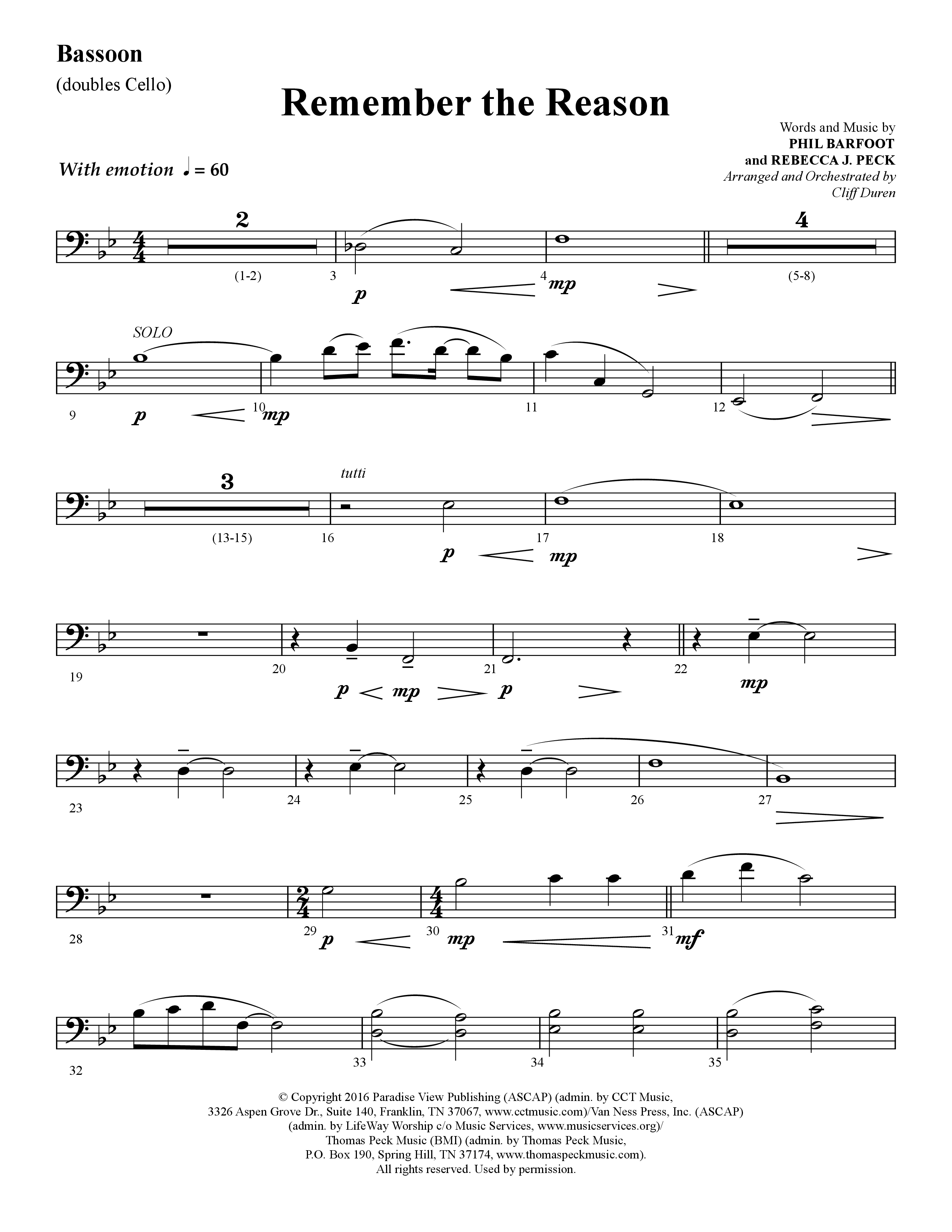 Remember The Reason (Choral Anthem SATB) Bassoon (Lifeway Choral / Arr. Cliff Duren)