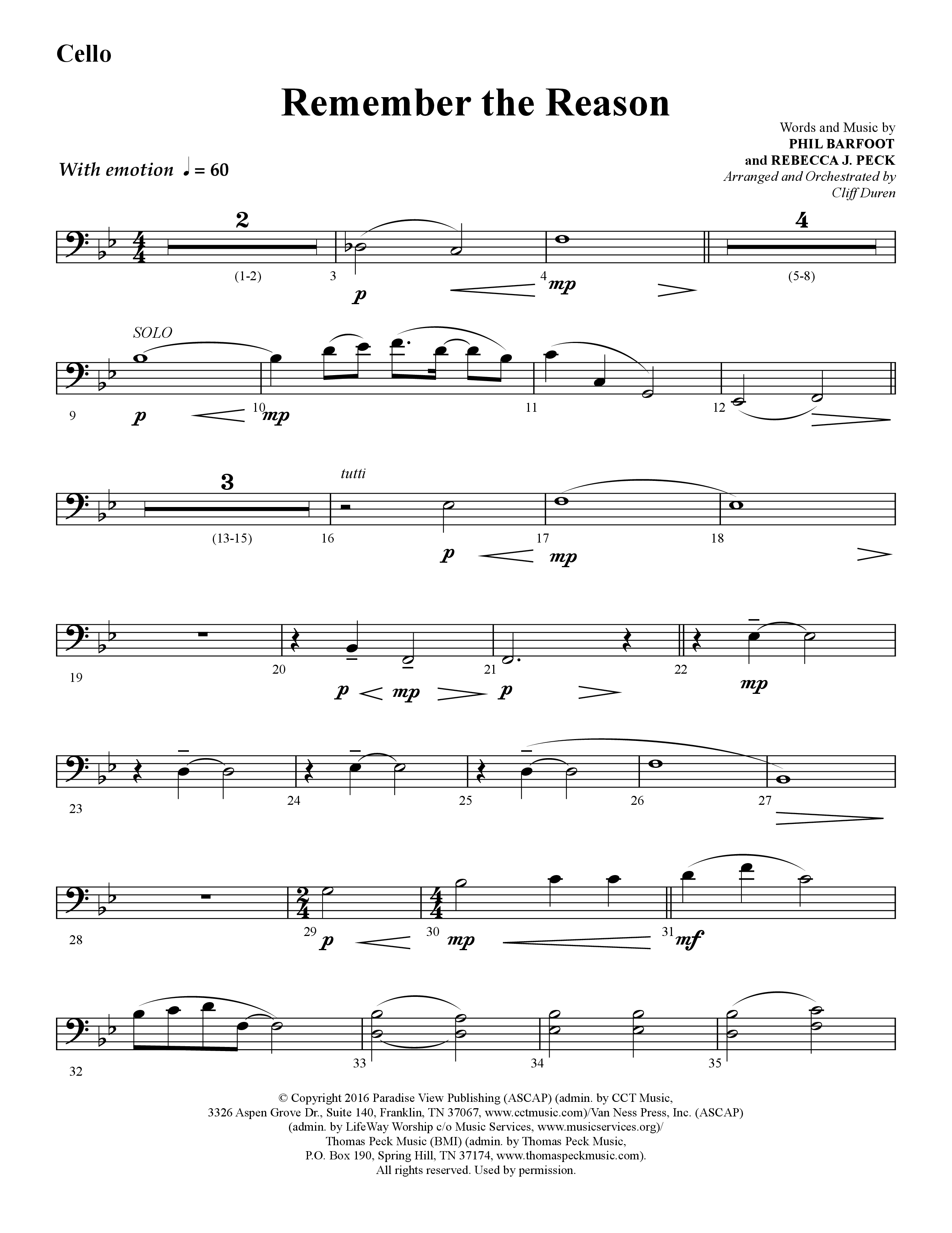 Remember The Reason (Choral Anthem SATB) Cello (Lifeway Choral / Arr. Cliff Duren)