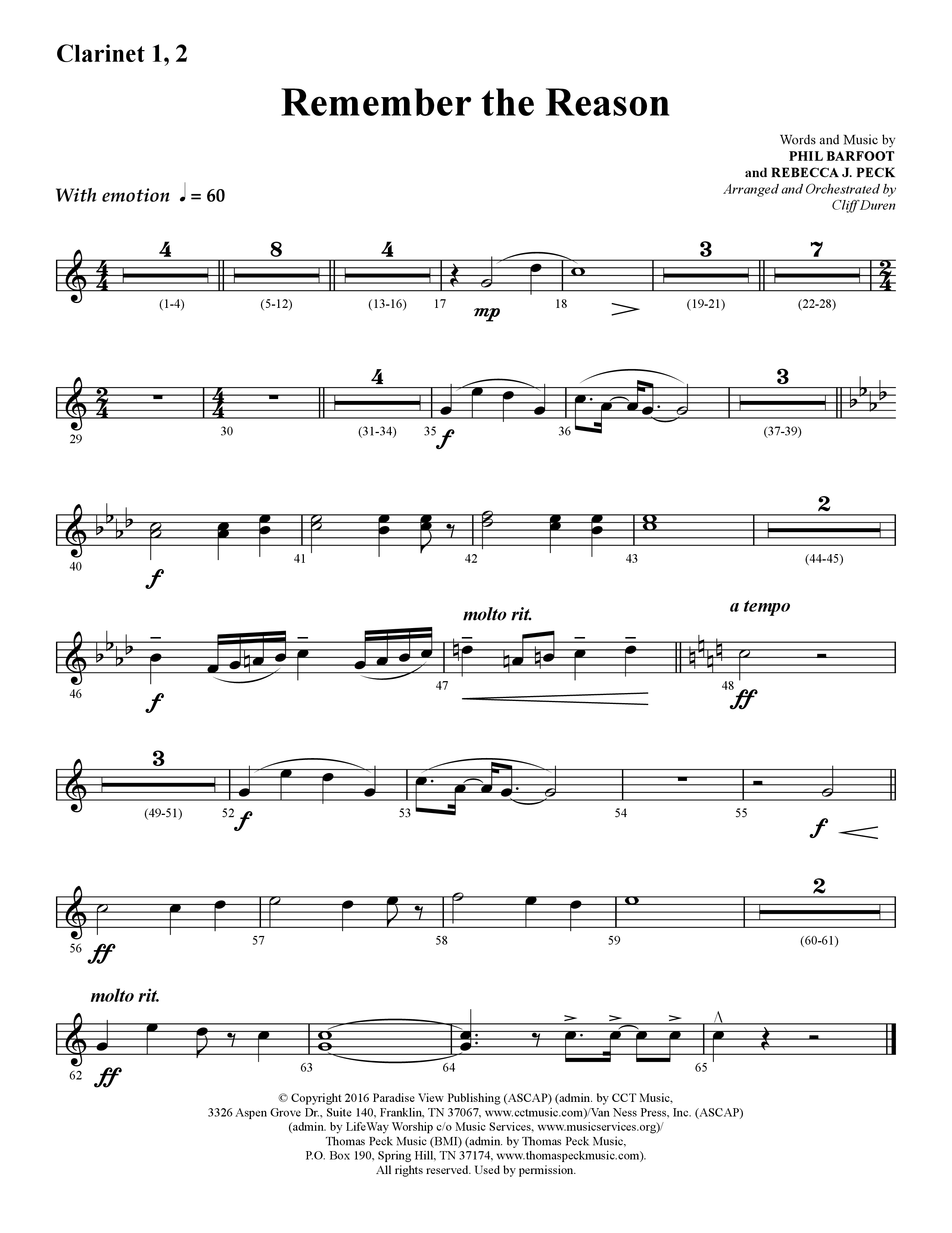 Remember The Reason (Choral Anthem SATB) Clarinet 1/2 (Lifeway Choral / Arr. Cliff Duren)