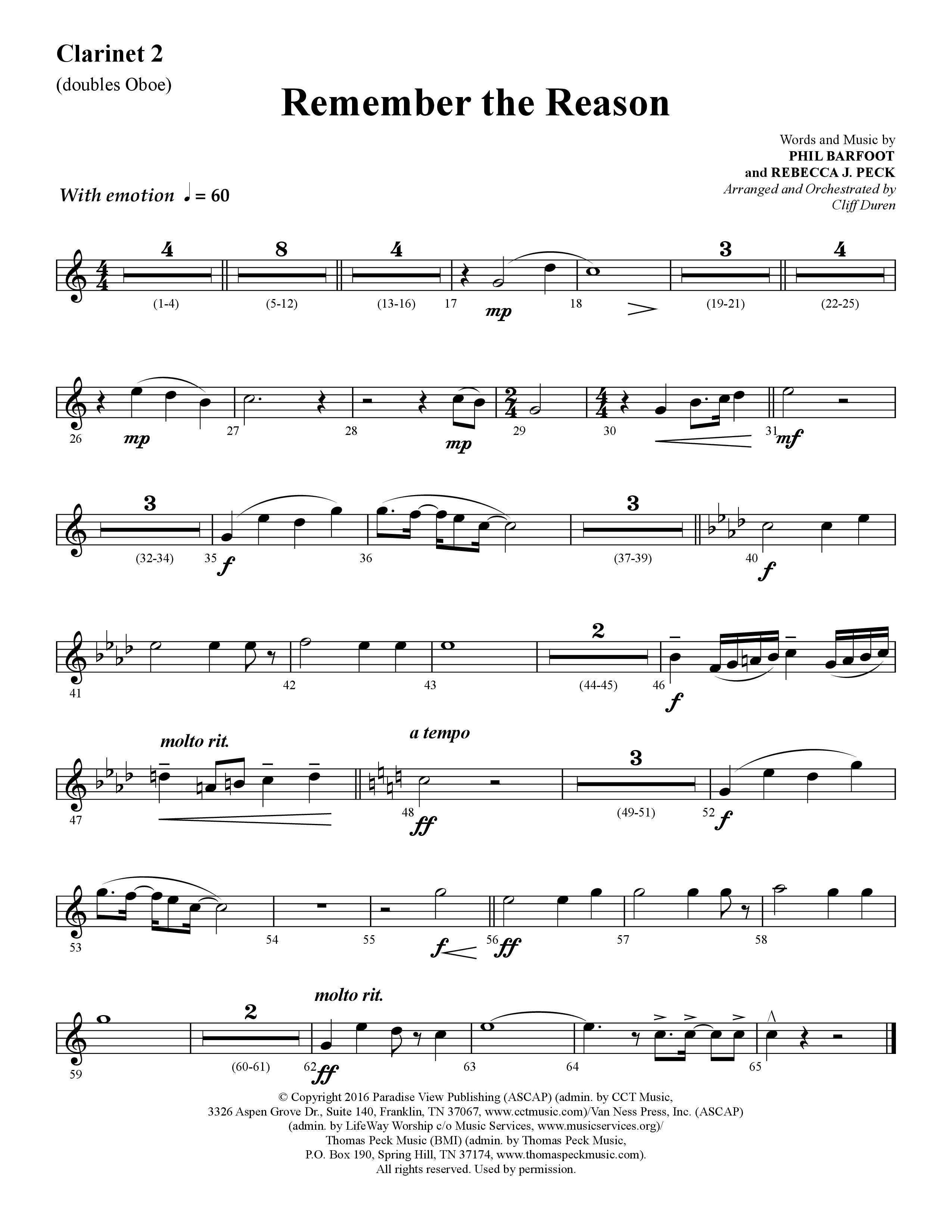 Remember The Reason (Choral Anthem SATB) Clarinet 1/2 (Lifeway Choral / Arr. Cliff Duren)
