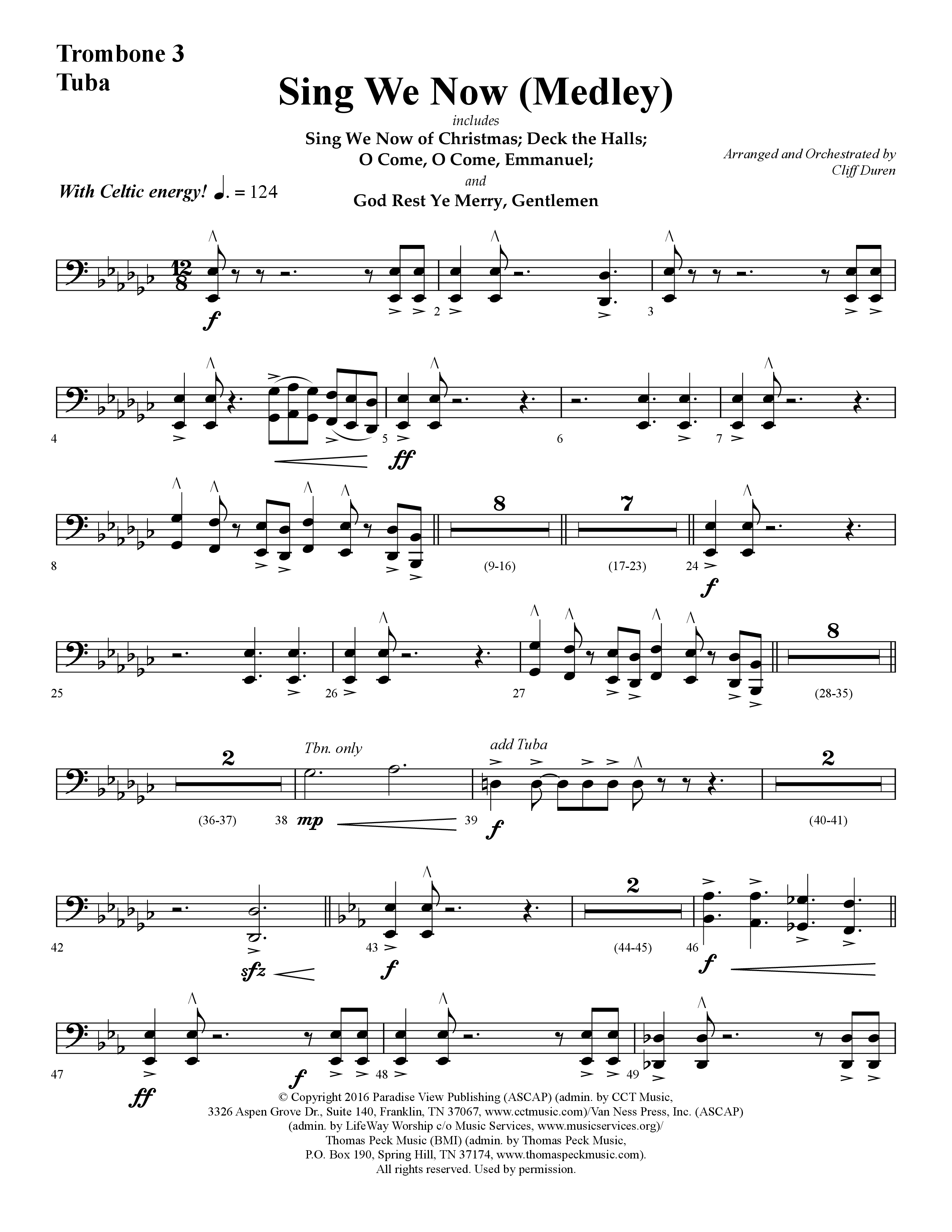 Sing We Now (Medley) (Choral Anthem SATB) Trombone 3/Tuba (Lifeway Choral / Arr. Cliff Duren)