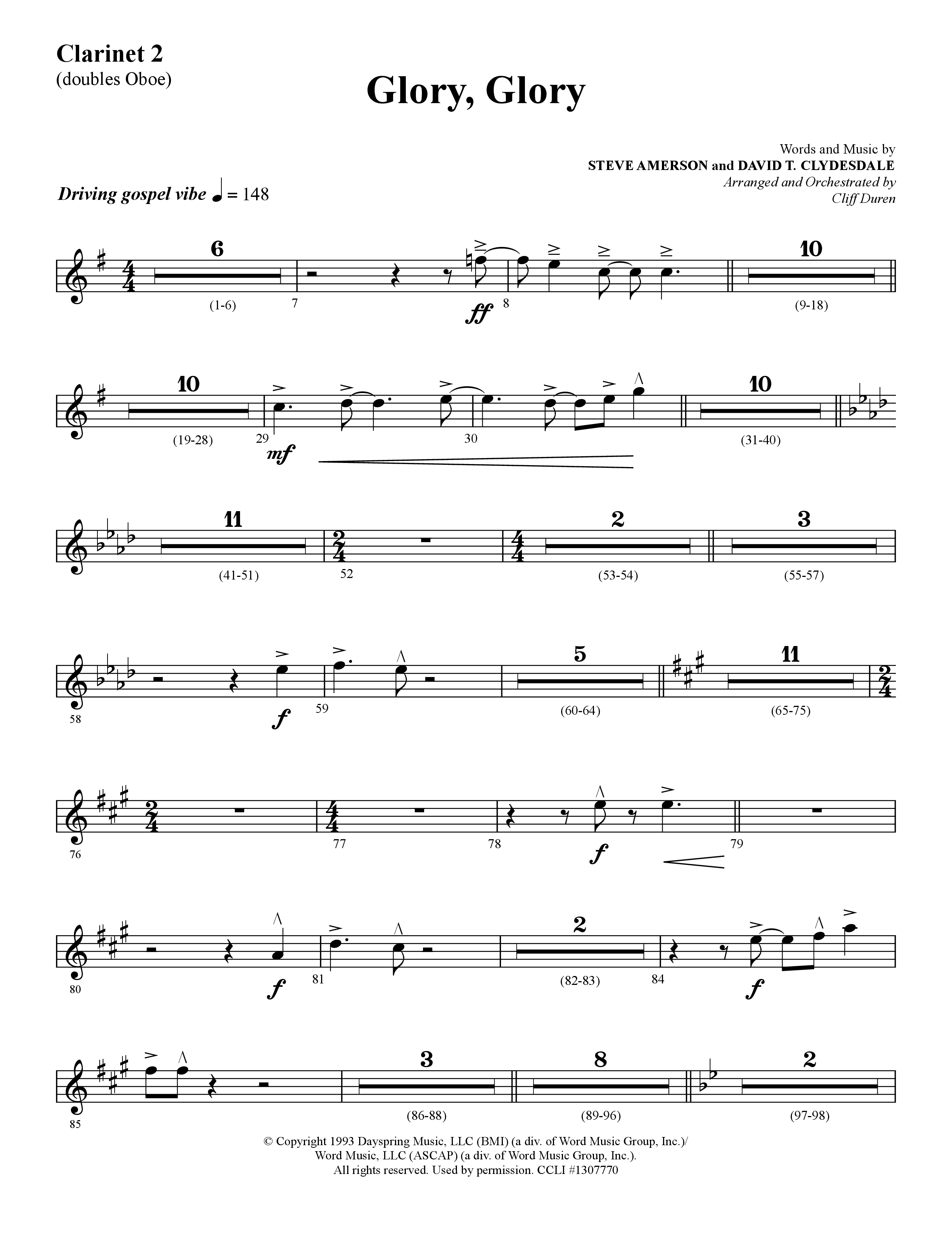 Glory Glory (Choral Anthem SATB) Clarinet 1/2 (Lifeway Choral / Arr. Dennis Allen)