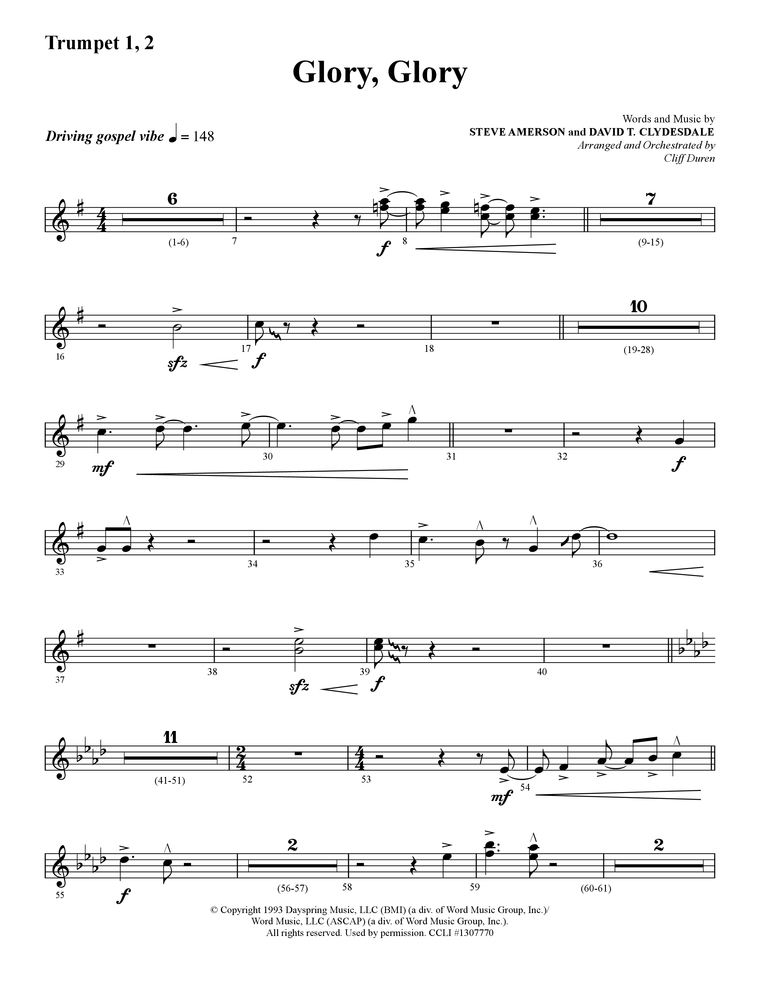 Glory Glory (Choral Anthem SATB) Trumpet 1,2 (Lifeway Choral / Arr. Dennis Allen)