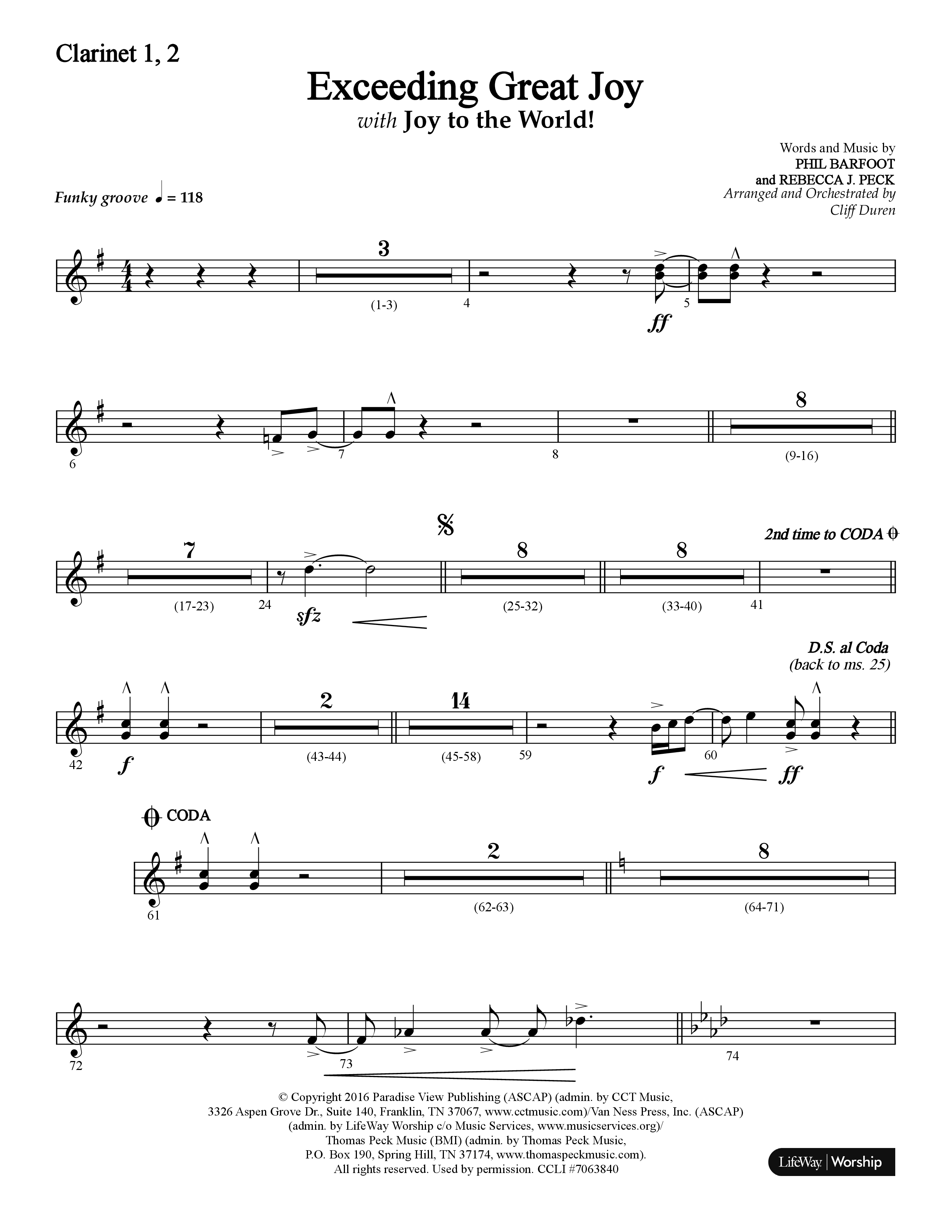 Exceeding Great Joy (with Joy To The World) (Choral Anthem SATB) Clarinet 1/2 (Lifeway Choral / Arr. Cliff Duren)