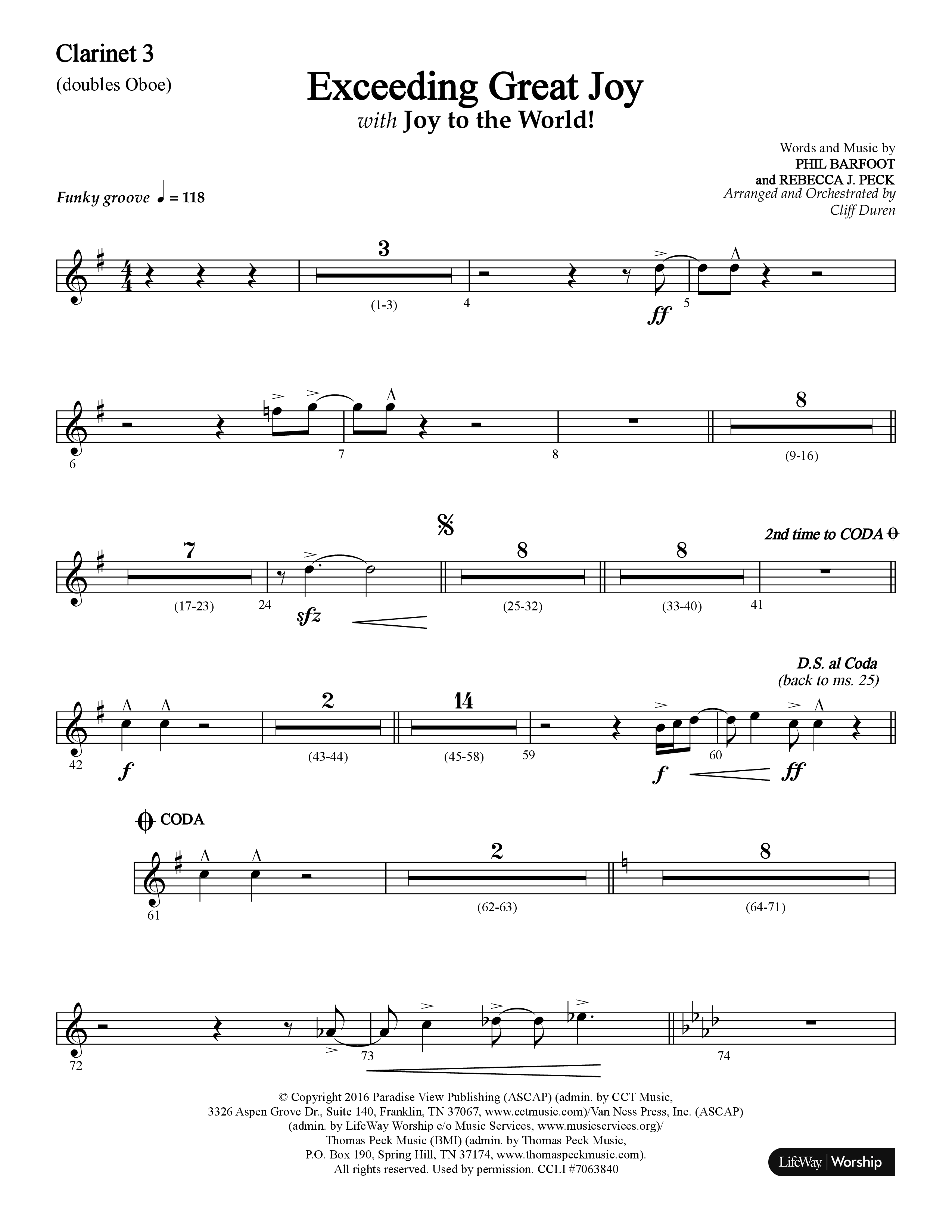 Exceeding Great Joy (with Joy To The World) (Choral Anthem SATB) Clarinet 3 (Lifeway Choral / Arr. Cliff Duren)