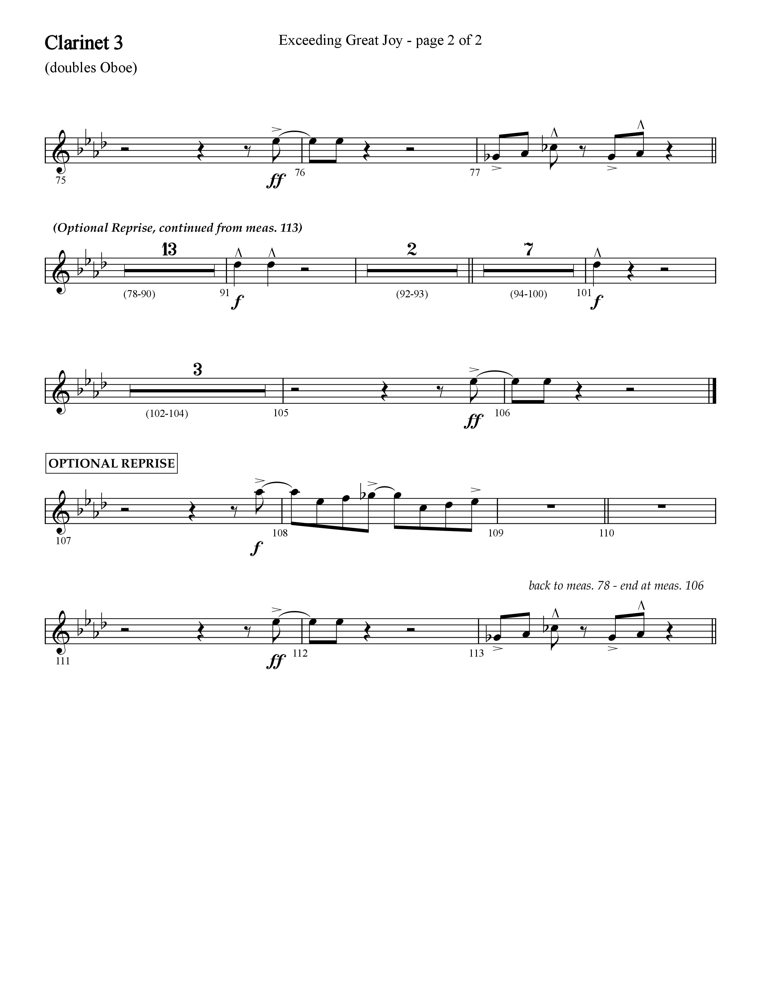 Exceeding Great Joy (with Joy To The World) (Choral Anthem SATB) Clarinet 3 (Lifeway Choral / Arr. Cliff Duren)