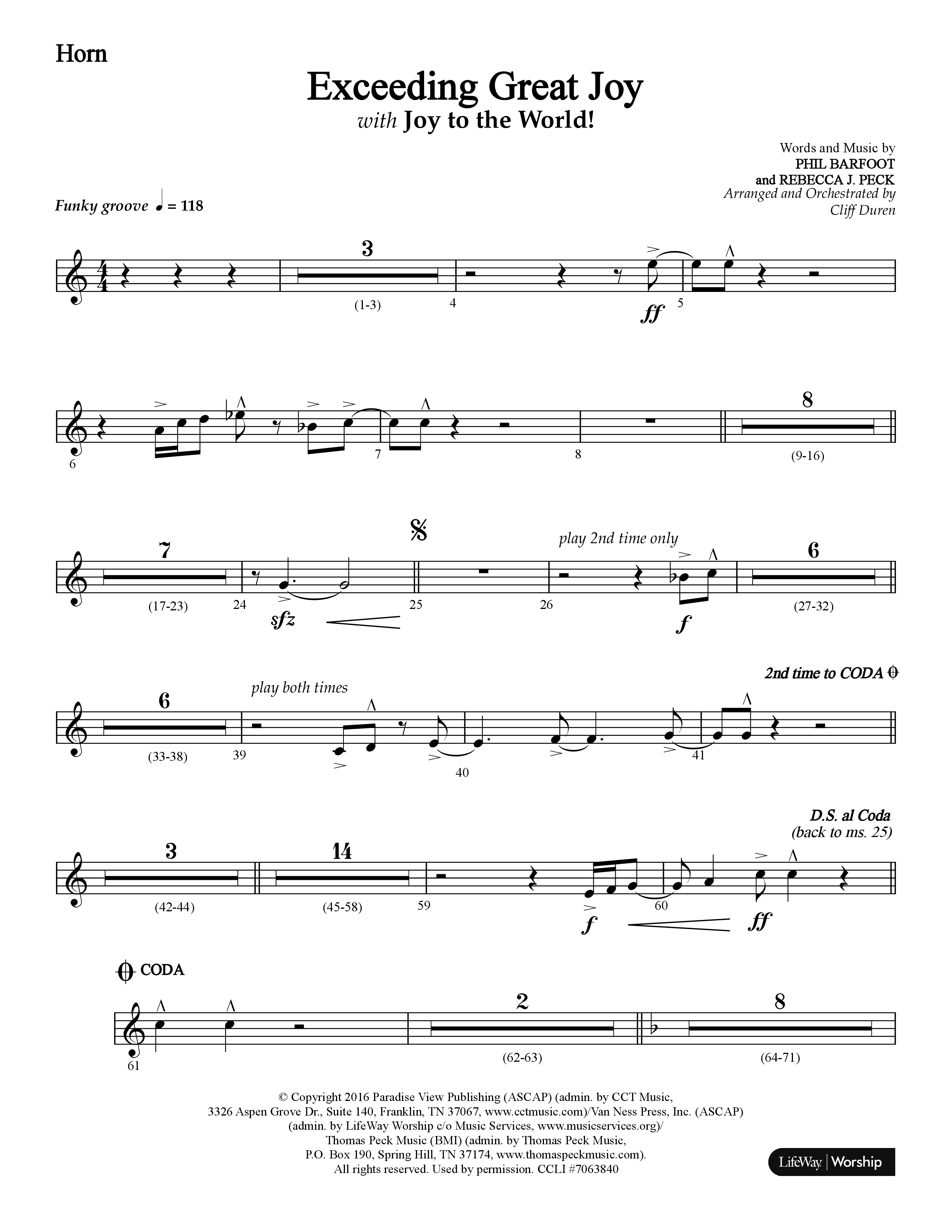 Exceeding Great Joy (with Joy To The World) (Choral Anthem SATB) French Horn 1/2 (Lifeway Choral / Arr. Cliff Duren)