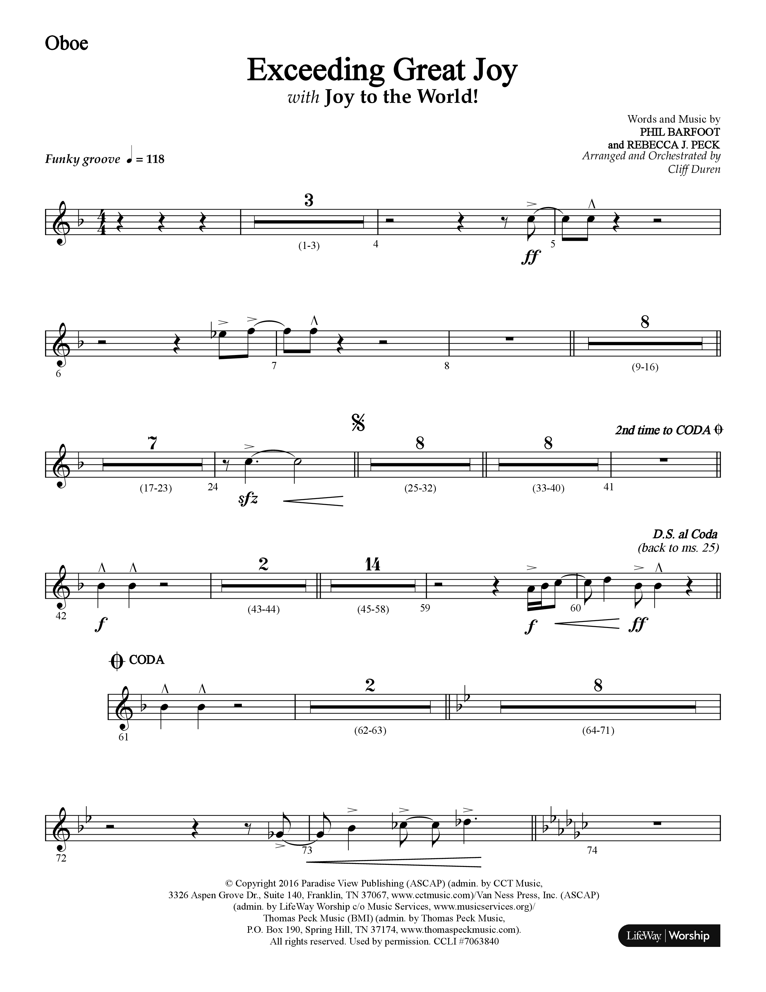 Exceeding Great Joy (with Joy To The World) (Choral Anthem SATB) Oboe (Lifeway Choral / Arr. Cliff Duren)
