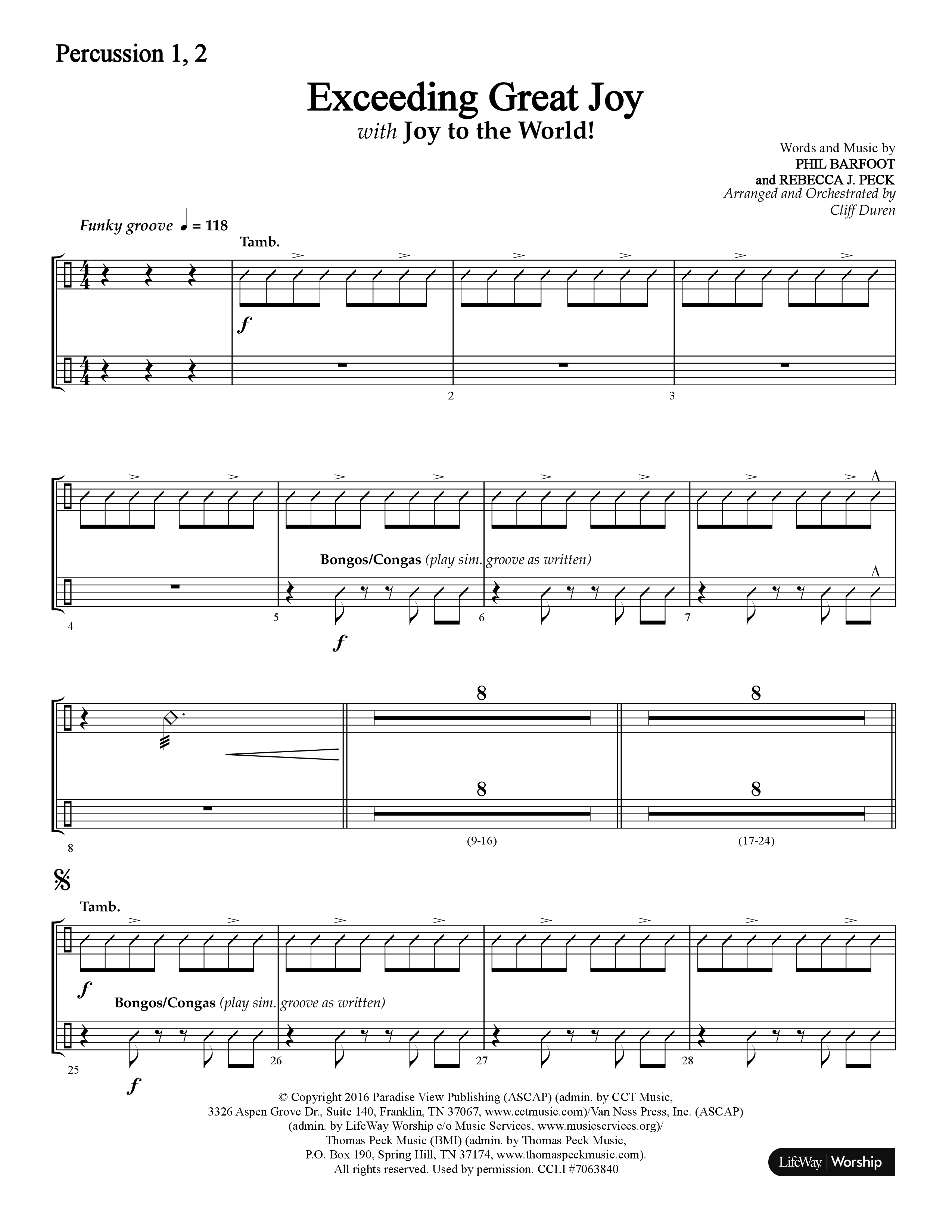 Exceeding Great Joy (with Joy To The World) (Choral Anthem SATB) Percussion 1/2 (Lifeway Choral / Arr. Cliff Duren)