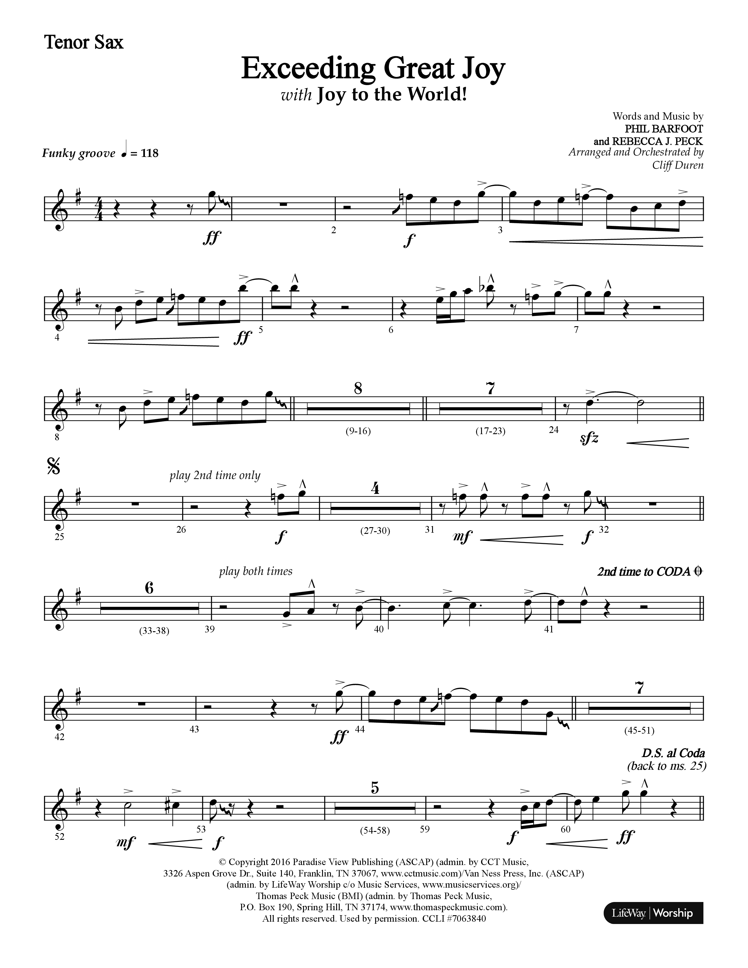 Exceeding Great Joy (with Joy To The World) (Choral Anthem SATB) Tenor Sax 1 (Lifeway Choral / Arr. Cliff Duren)