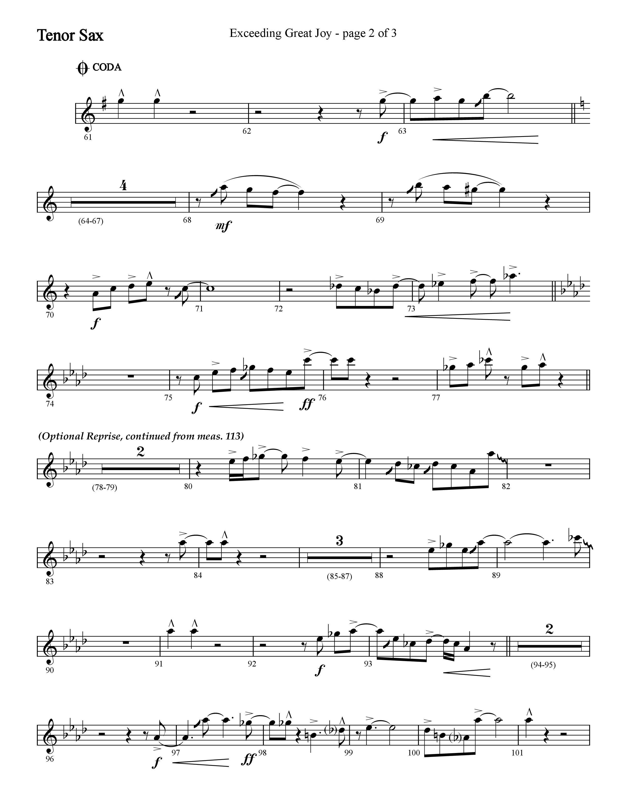 Exceeding Great Joy (with Joy To The World) (Choral Anthem SATB) Tenor Sax 1 (Lifeway Choral / Arr. Cliff Duren)