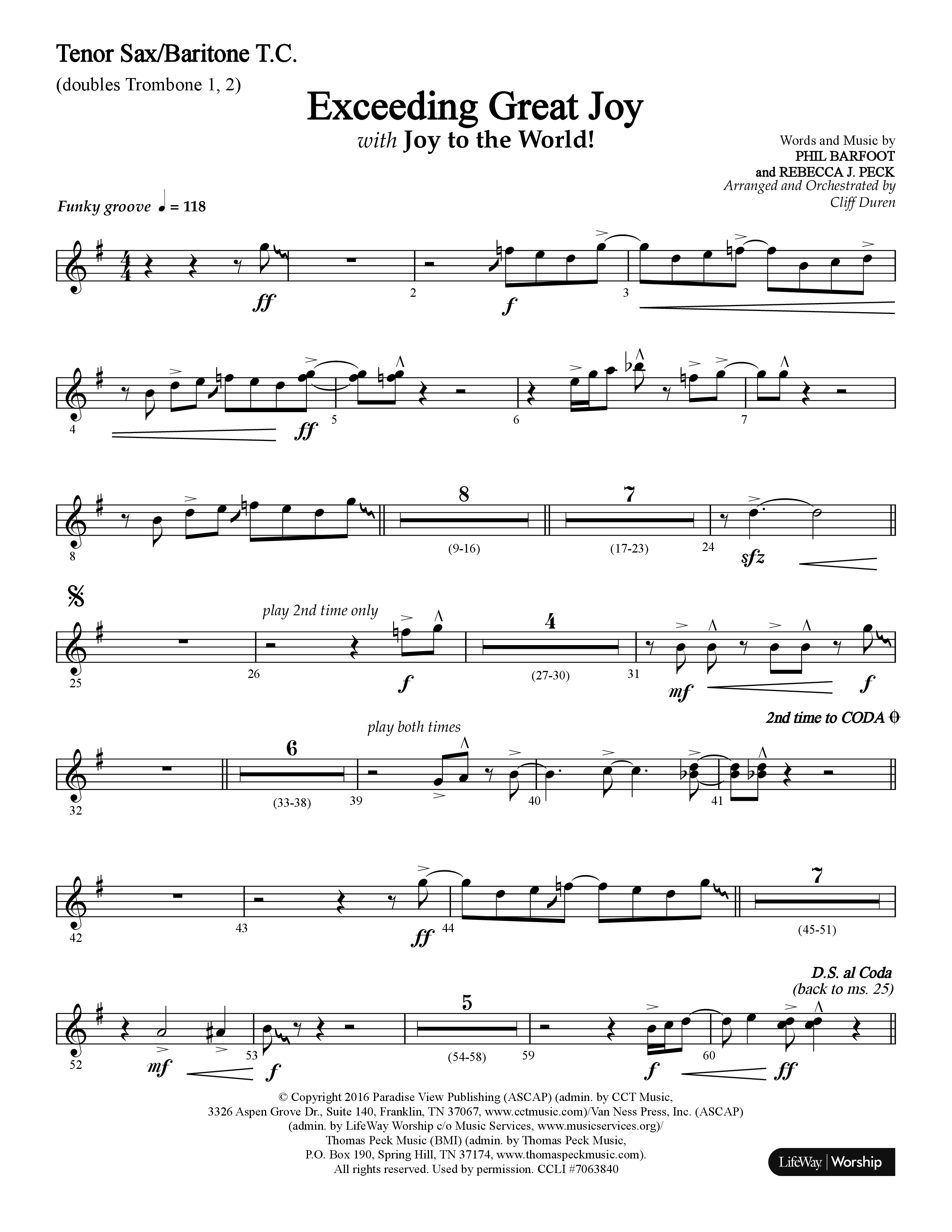 Exceeding Great Joy (with Joy To The World) (Choral Anthem SATB) Tenor Sax/Baritone T.C. (Lifeway Choral / Arr. Cliff Duren)