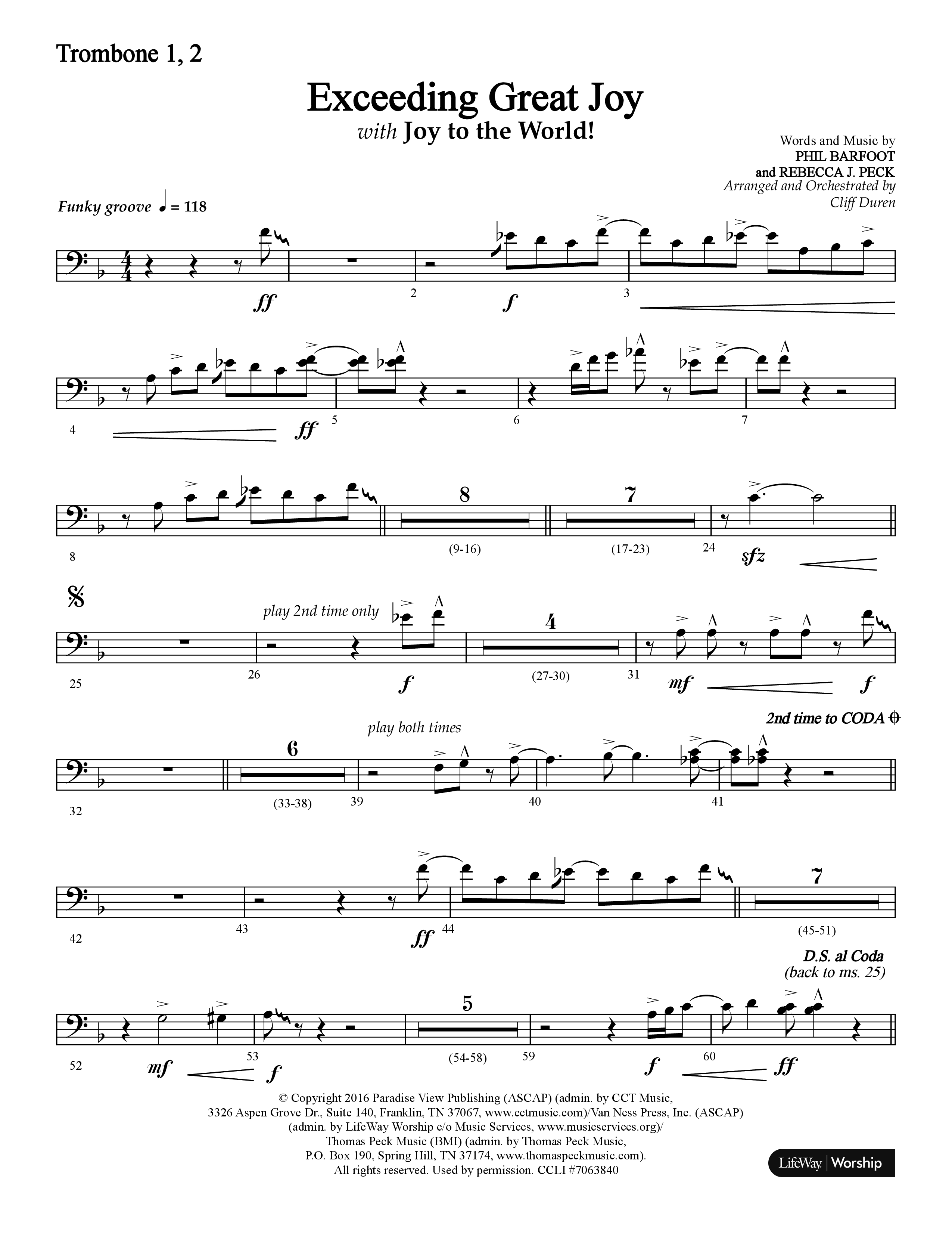Exceeding Great Joy (with Joy To The World) (Choral Anthem SATB) Trombone 1/2 (Lifeway Choral / Arr. Cliff Duren)