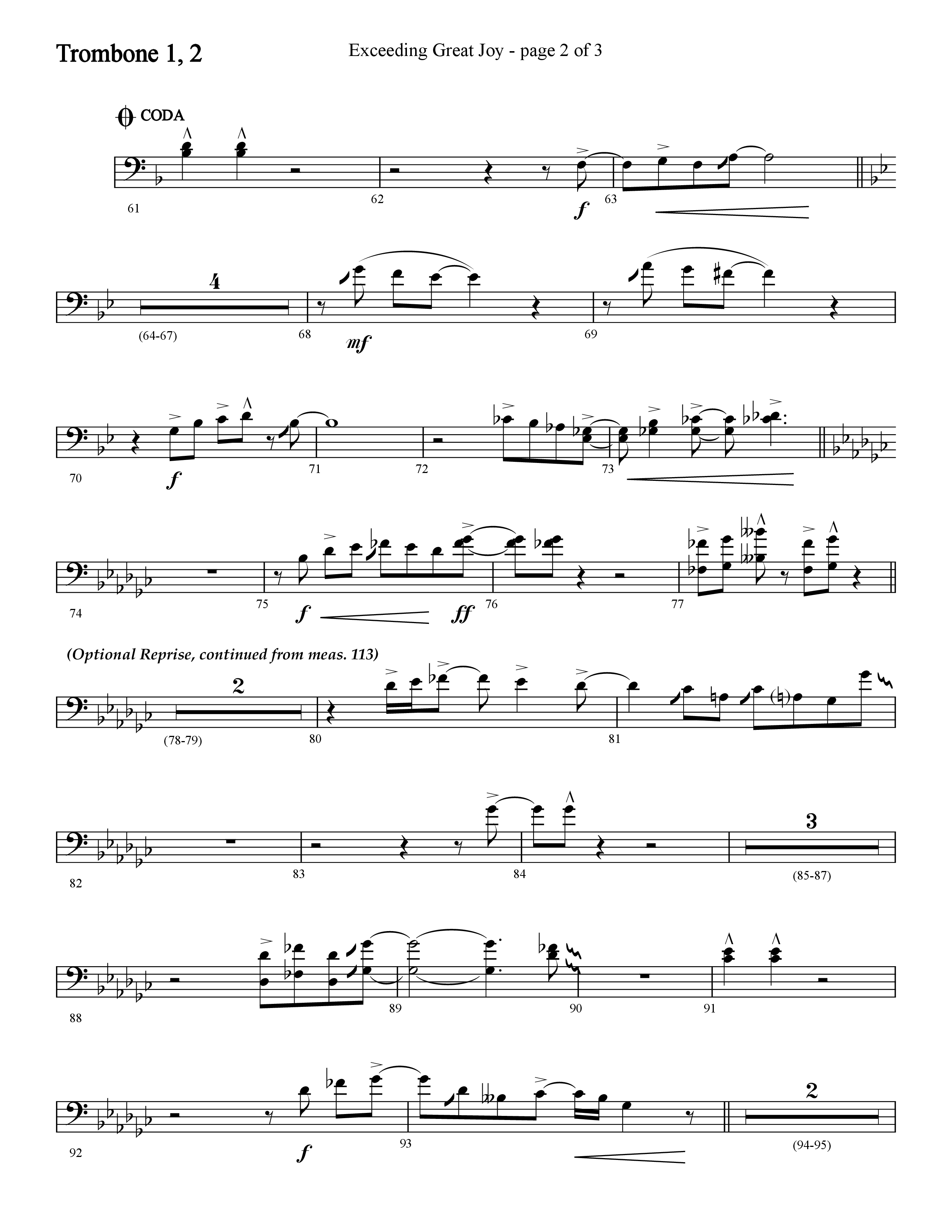 Exceeding Great Joy (with Joy To The World) (Choral Anthem SATB) Trombone 1/2 (Lifeway Choral / Arr. Cliff Duren)