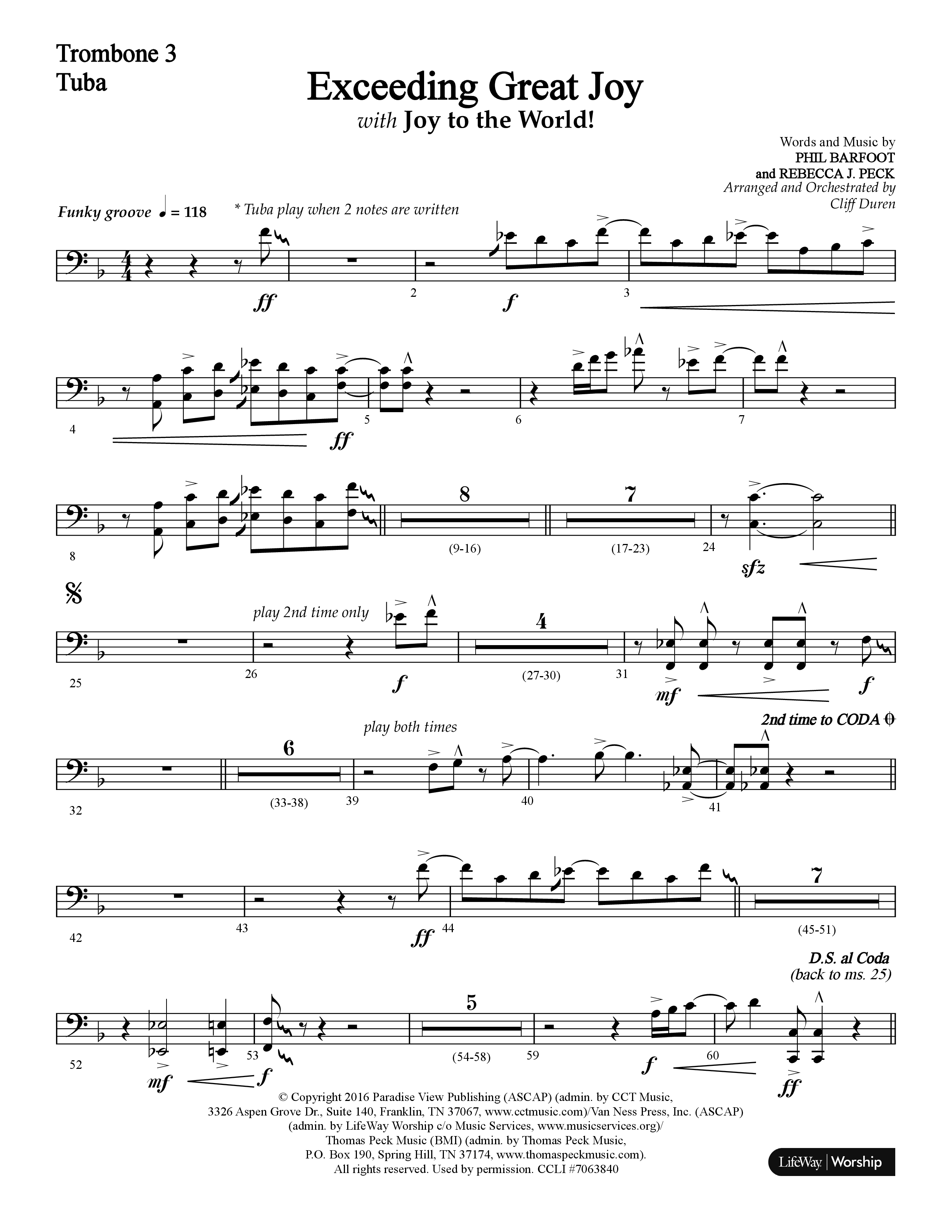Exceeding Great Joy (with Joy To The World) (Choral Anthem SATB) Trombone 3/Tuba (Lifeway Choral / Arr. Cliff Duren)
