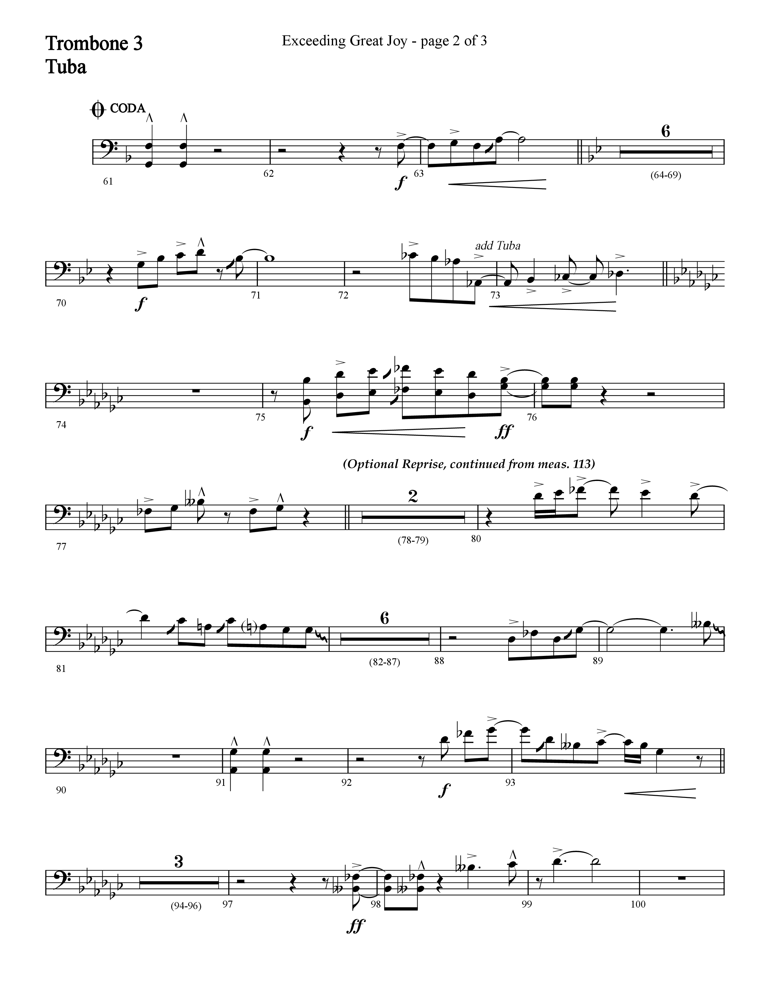 Exceeding Great Joy (with Joy To The World) (Choral Anthem SATB) Trombone 3/Tuba (Lifeway Choral / Arr. Cliff Duren)