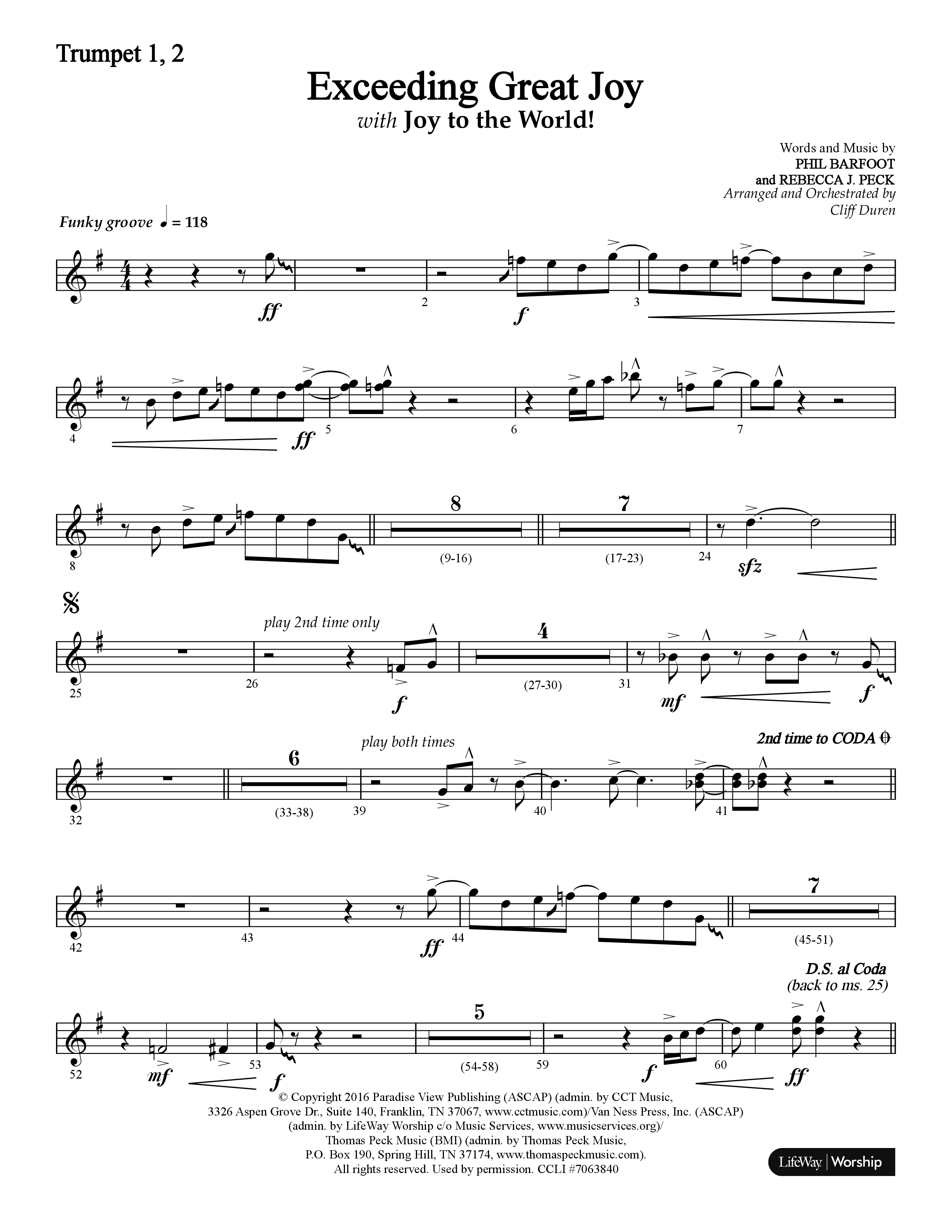 Exceeding Great Joy (with Joy To The World) (Choral Anthem SATB) Trumpet 1,2 (Lifeway Choral / Arr. Cliff Duren)