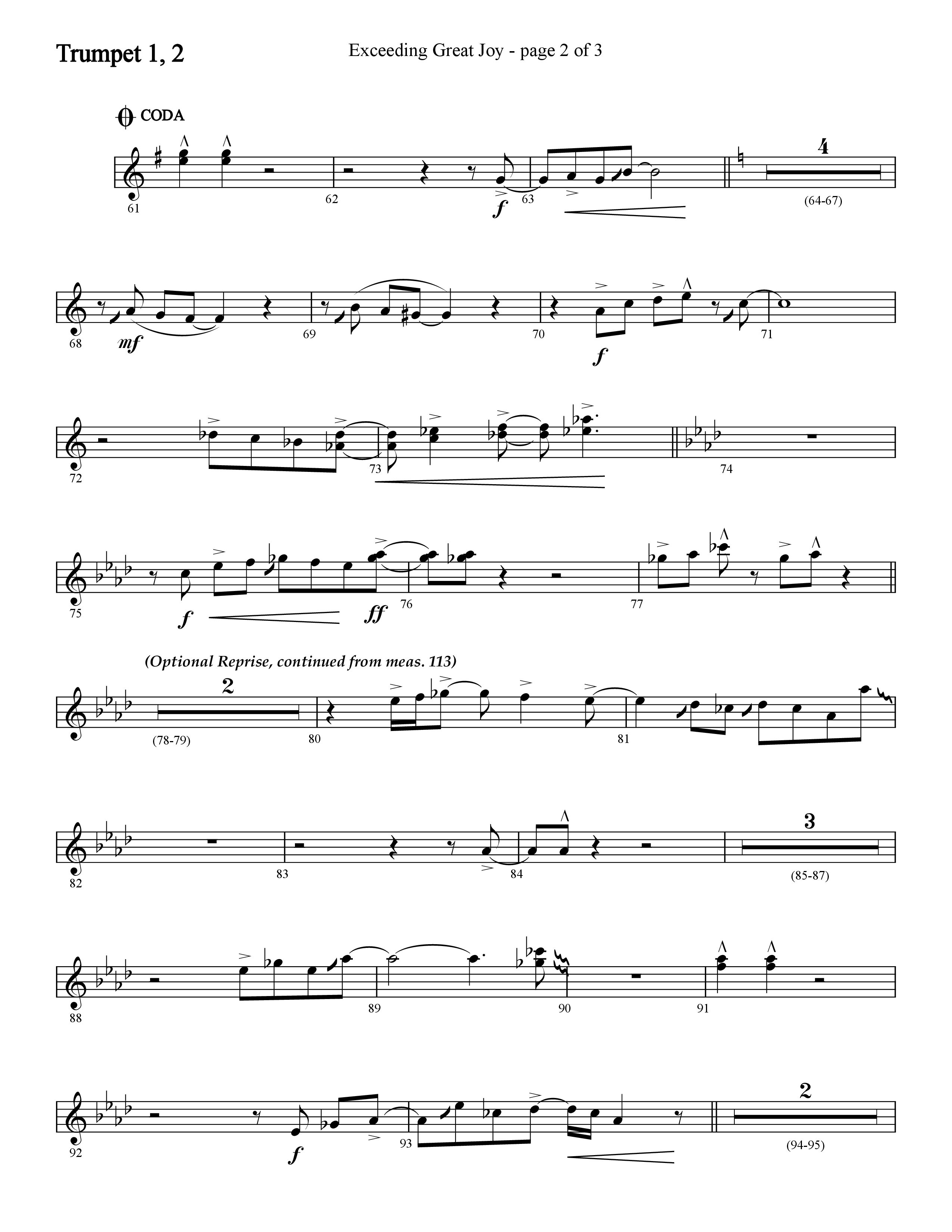 Exceeding Great Joy (with Joy To The World) (Choral Anthem SATB) Trumpet 1,2 (Lifeway Choral / Arr. Cliff Duren)