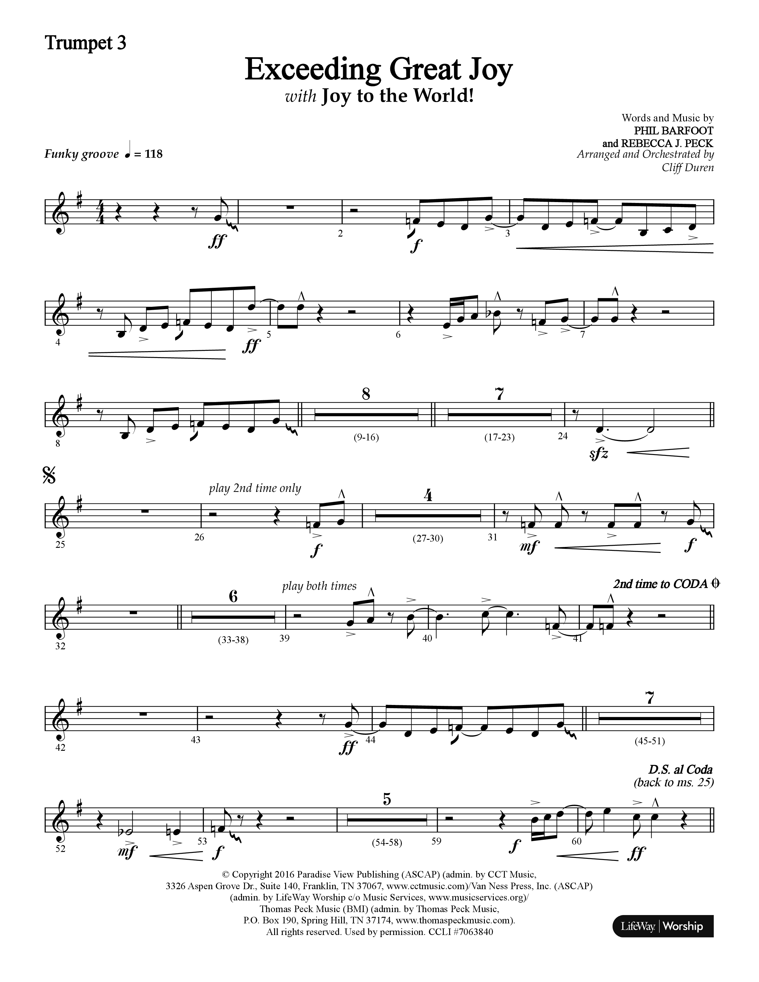 Exceeding Great Joy (with Joy To The World) (Choral Anthem SATB) Trumpet 3 (Lifeway Choral / Arr. Cliff Duren)