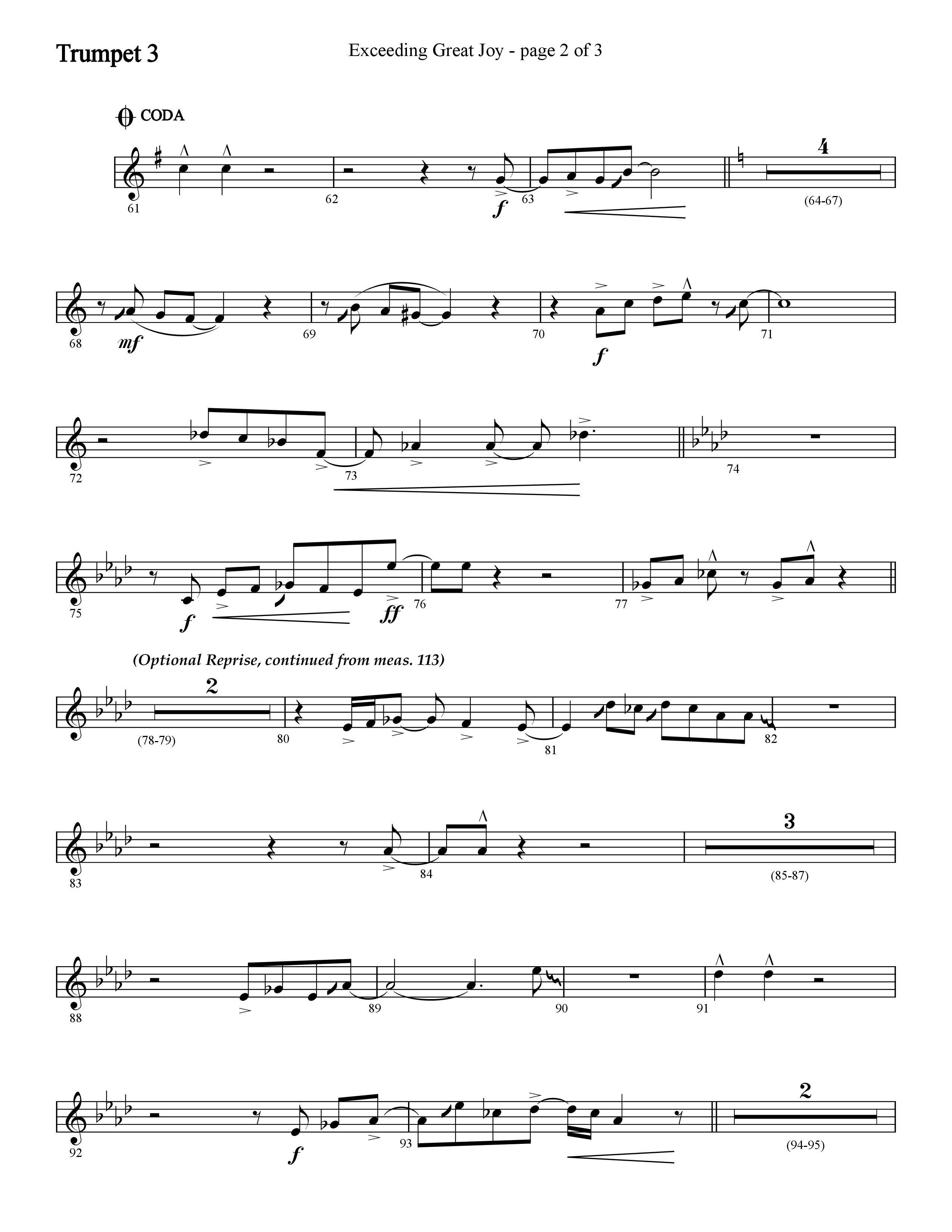 Exceeding Great Joy (with Joy To The World) (Choral Anthem SATB) Trumpet 3 (Lifeway Choral / Arr. Cliff Duren)