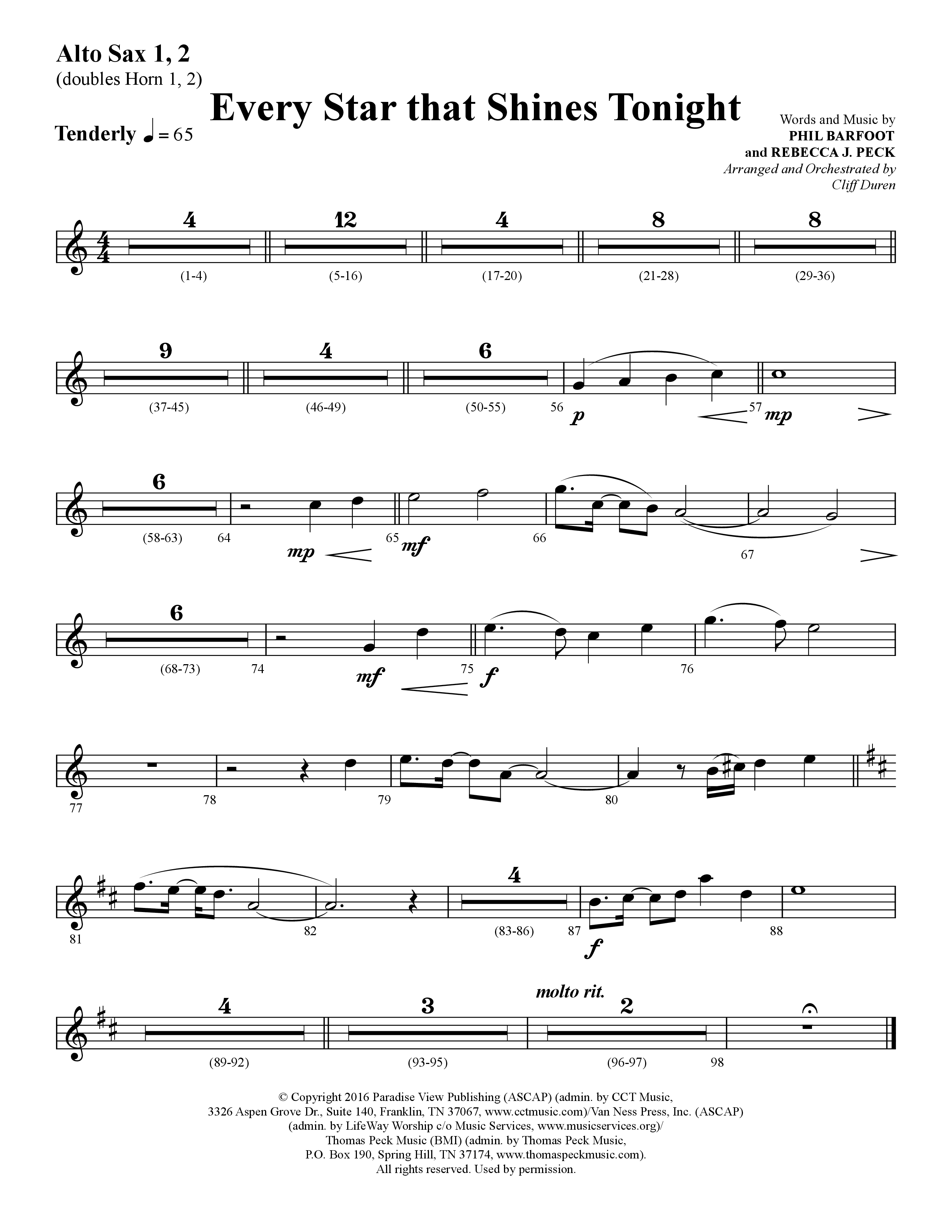 Every Star That Shines Tonight (Choral Anthem SATB) Alto Sax 1/2 (Lifeway Choral / Arr. Cliff Duren)