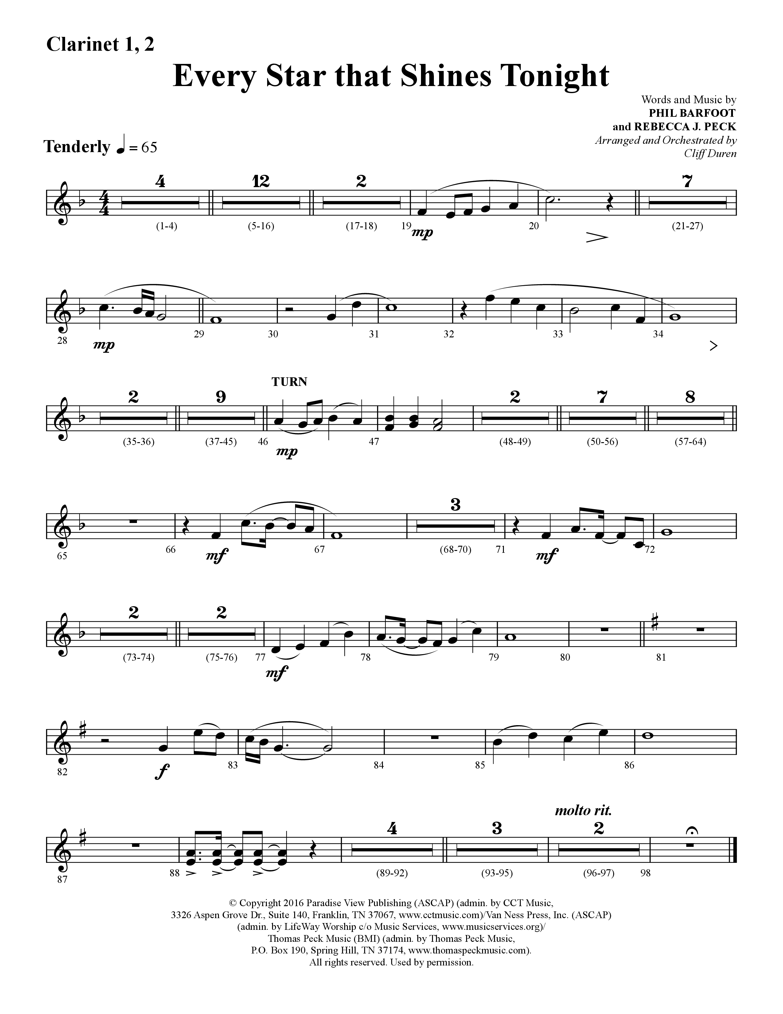 Every Star That Shines Tonight (Choral Anthem SATB) Clarinet 1/2 (Lifeway Choral / Arr. Cliff Duren)