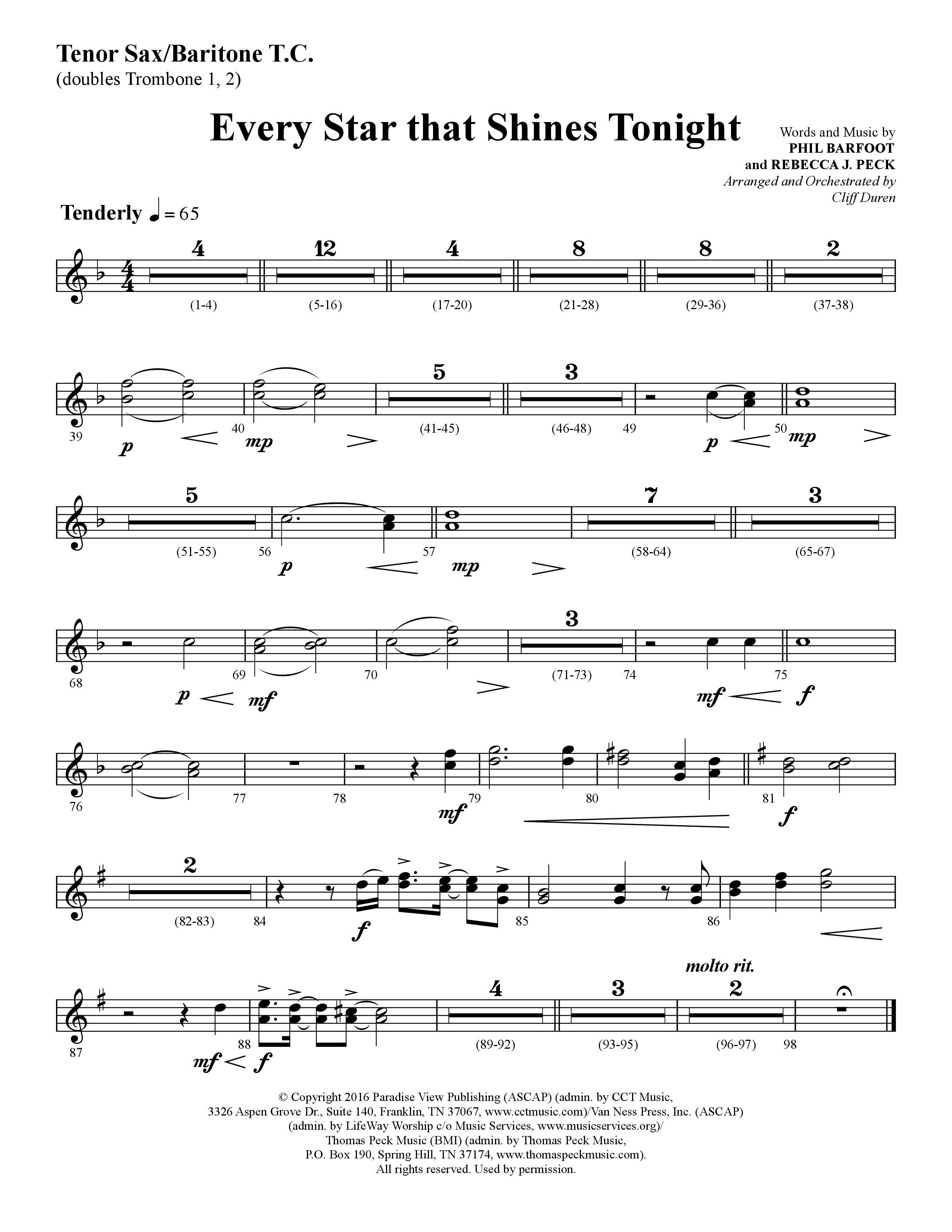 Every Star That Shines Tonight (Choral Anthem SATB) Tenor Sax/Baritone T.C. (Lifeway Choral / Arr. Cliff Duren)
