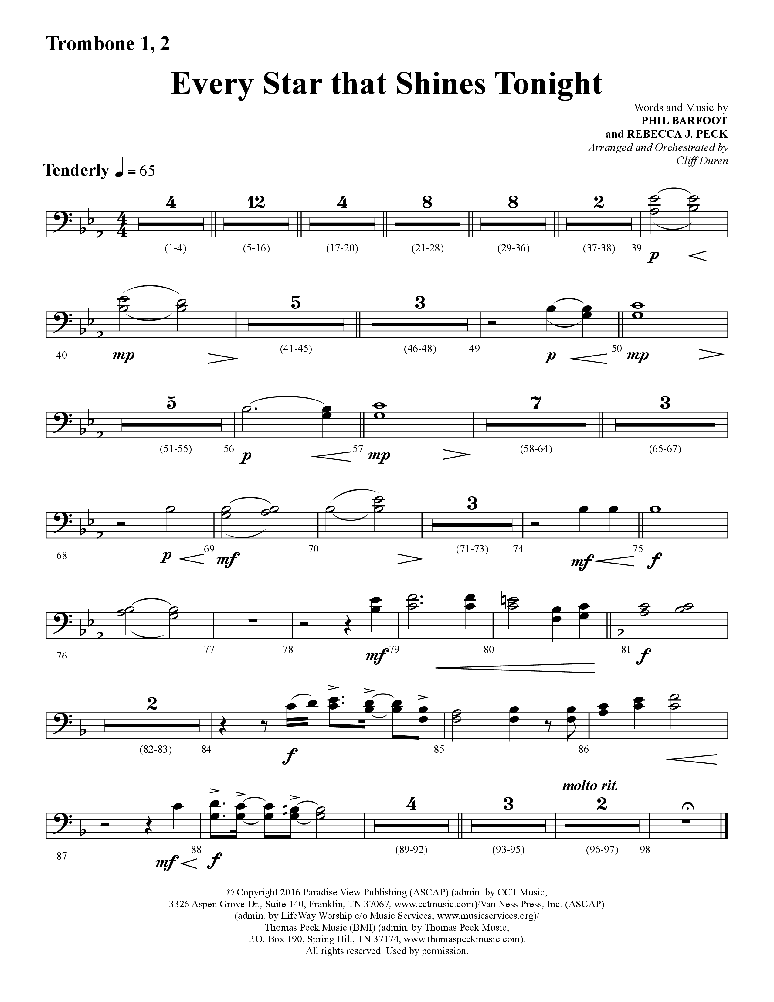 Every Star That Shines Tonight (Choral Anthem SATB) Trombone 1/2 (Lifeway Choral / Arr. Cliff Duren)