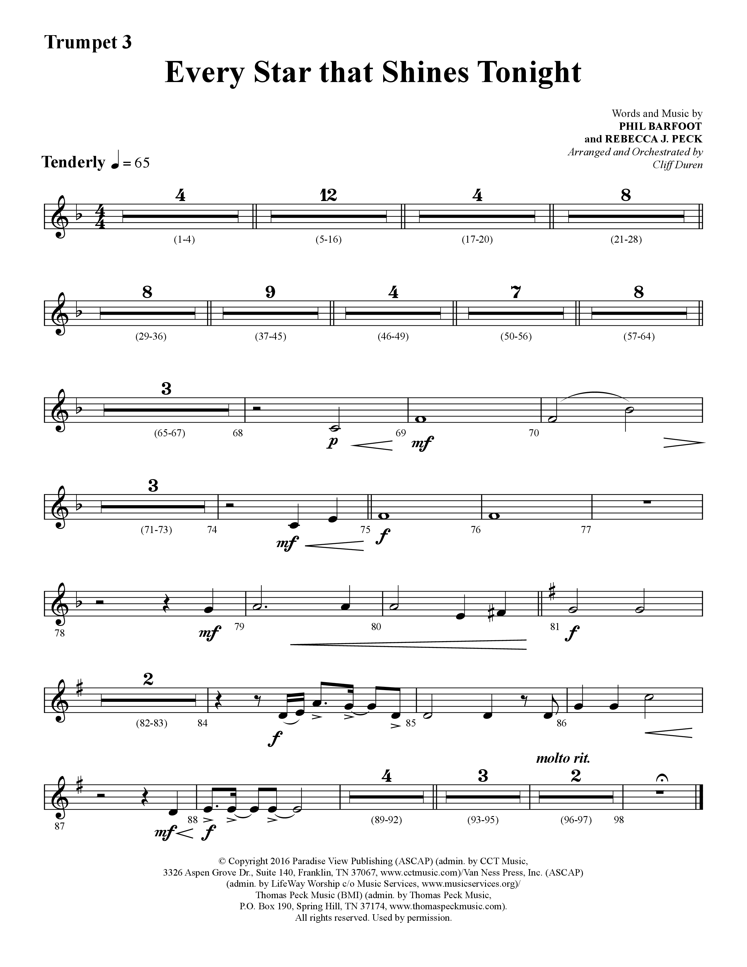 Every Star That Shines Tonight (Choral Anthem SATB) Trumpet 3 (Lifeway Choral / Arr. Cliff Duren)