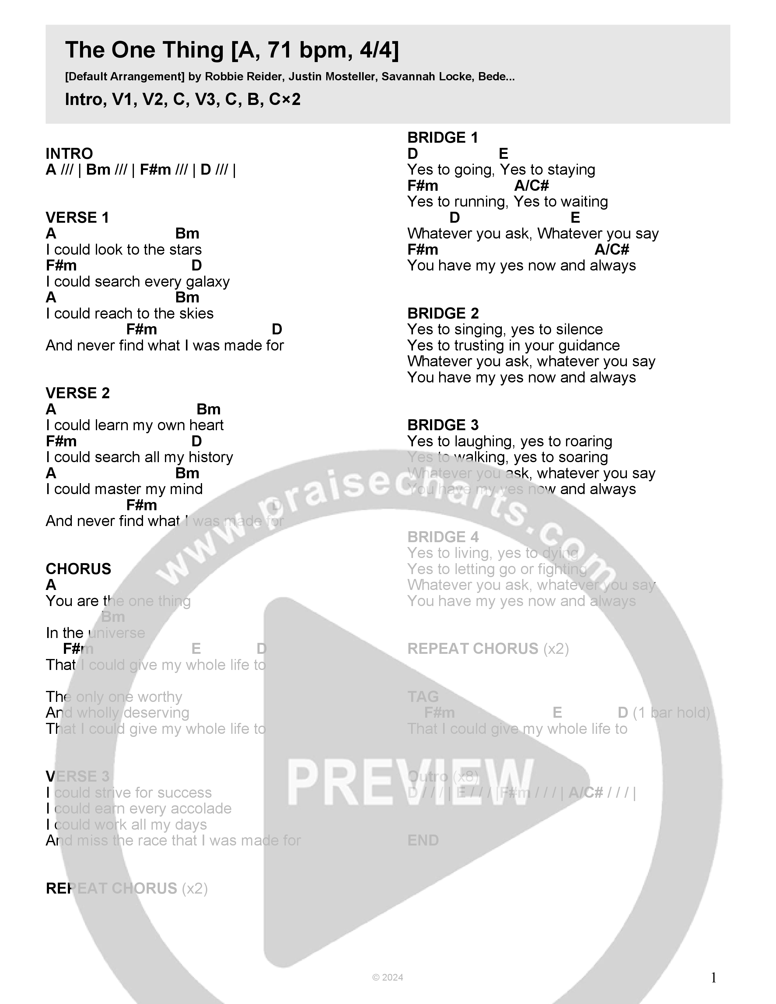 The One Thing Chord Chart (Crossroads Music / Savannah Locke)