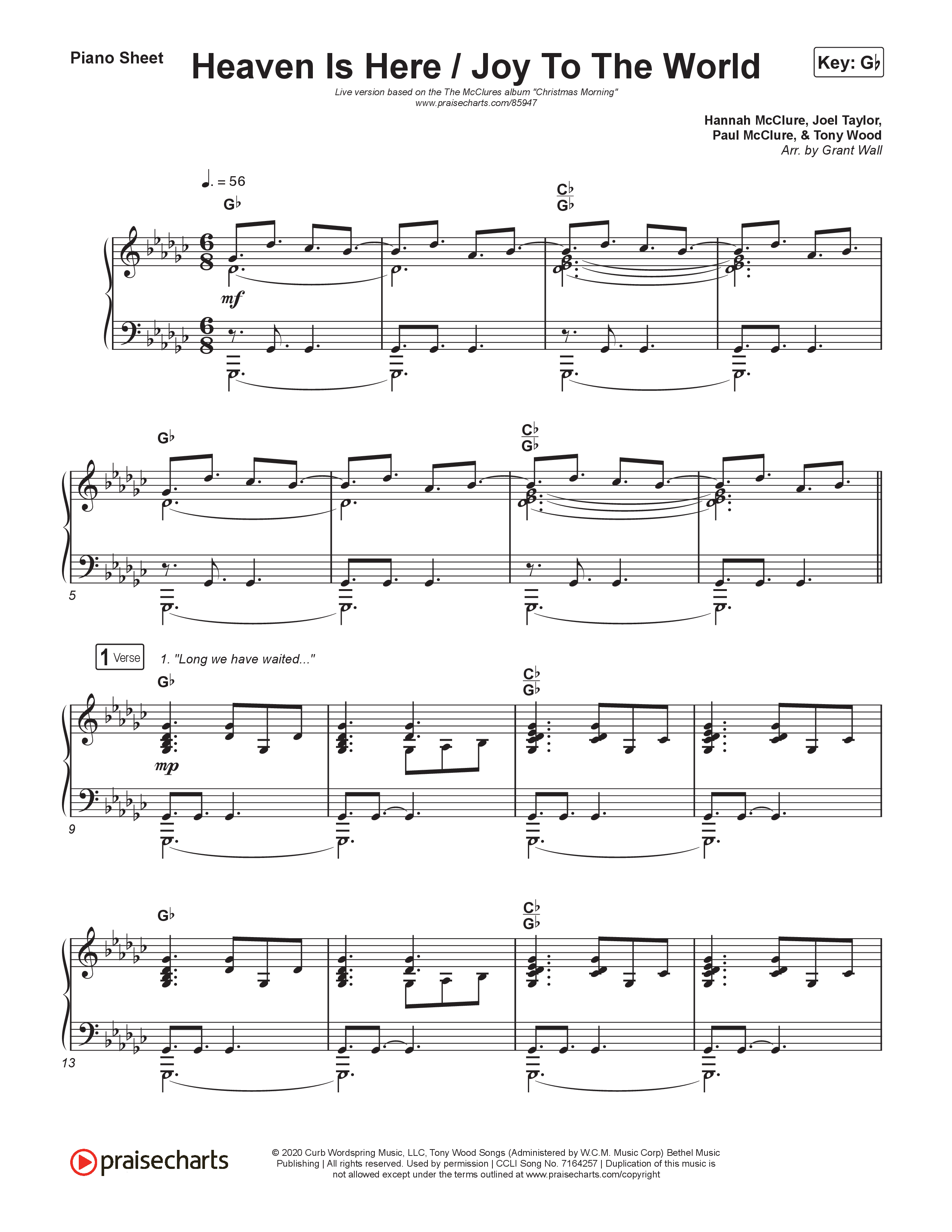 Heaven Is Here / Joy To The World (Live At Bethel) Piano Sheet (The McClures)