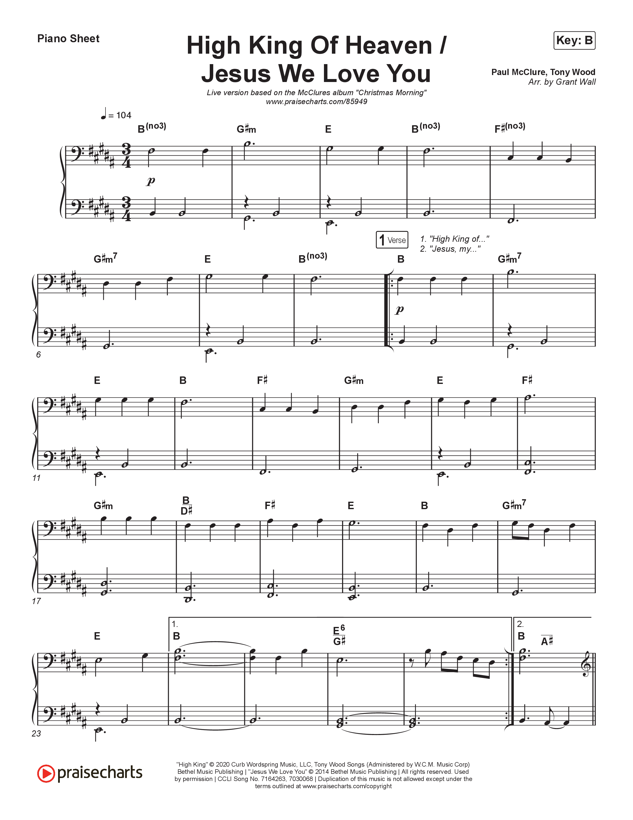 High King Of Heaven / Jesus We Love You (Live At Bethel) Piano Sheet (The McClures)