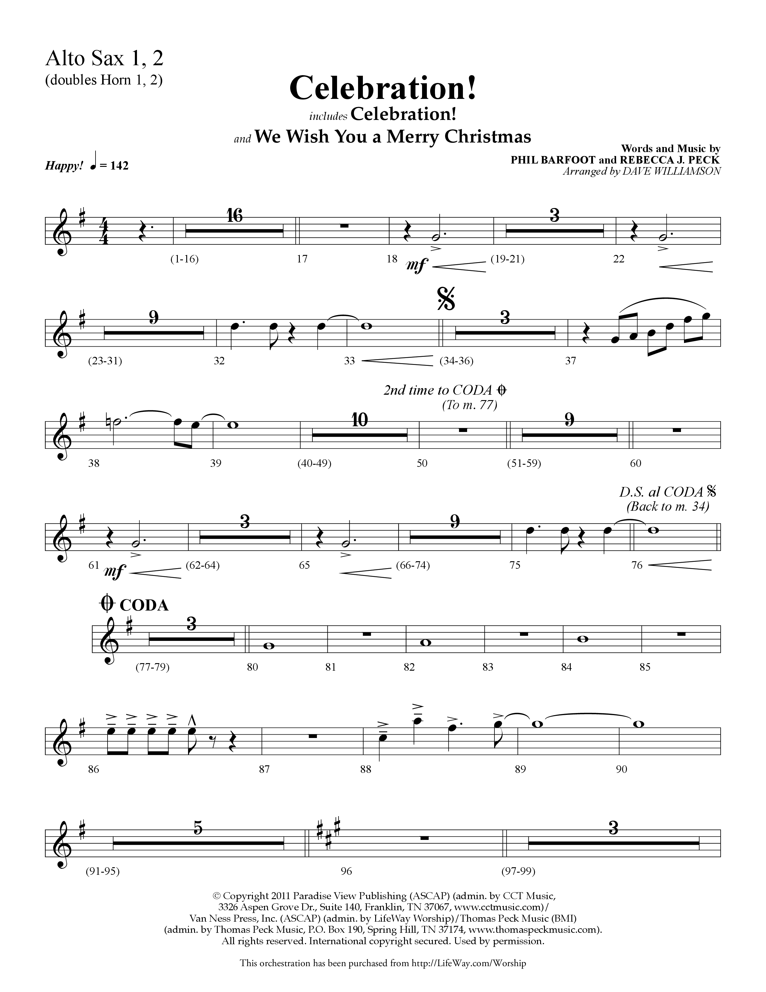 Celebration (Choral Anthem SATB) Alto Sax 1/2 (Lifeway Choral / Arr. Dave Williamson)