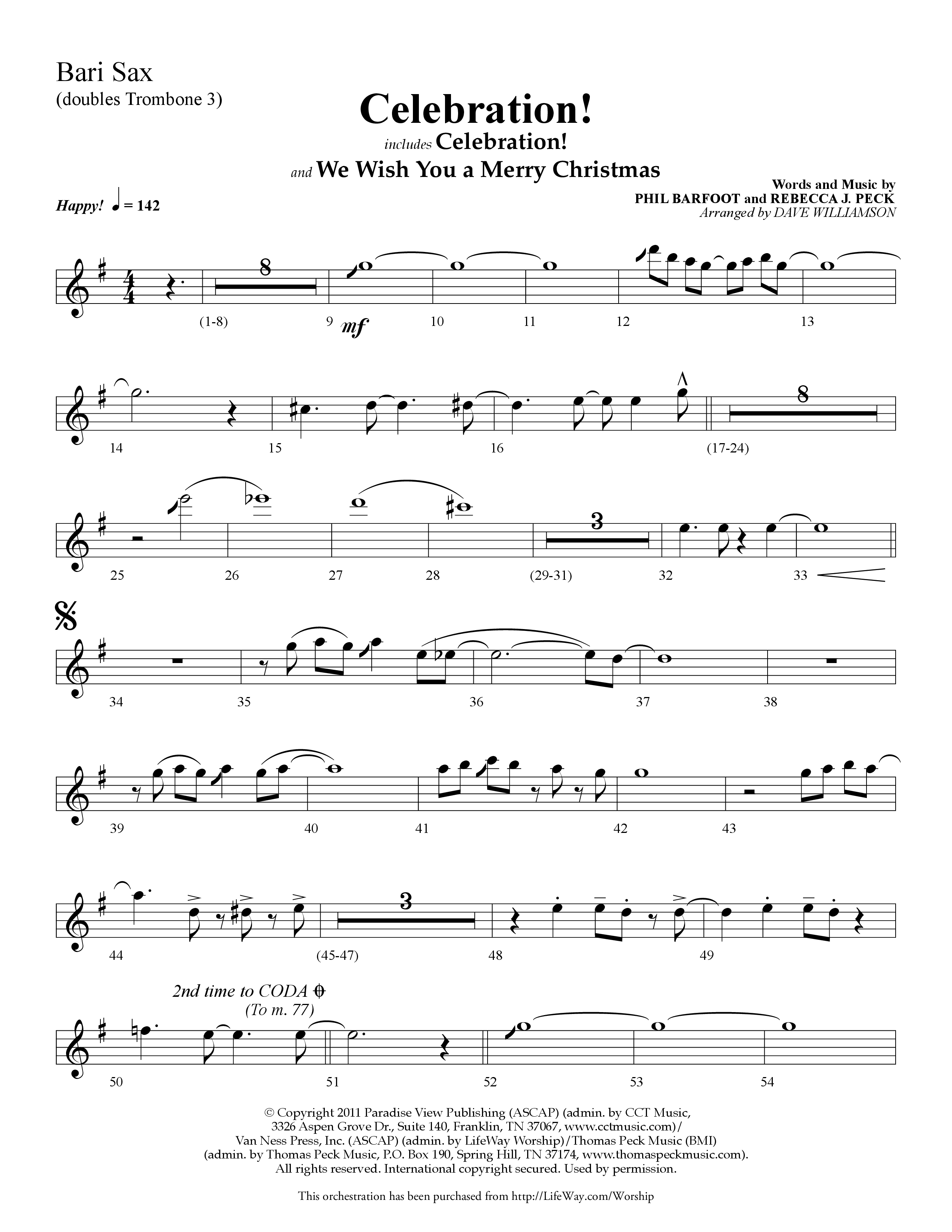 Celebration (Choral Anthem SATB) Bari Sax (Lifeway Choral / Arr. Dave Williamson)
