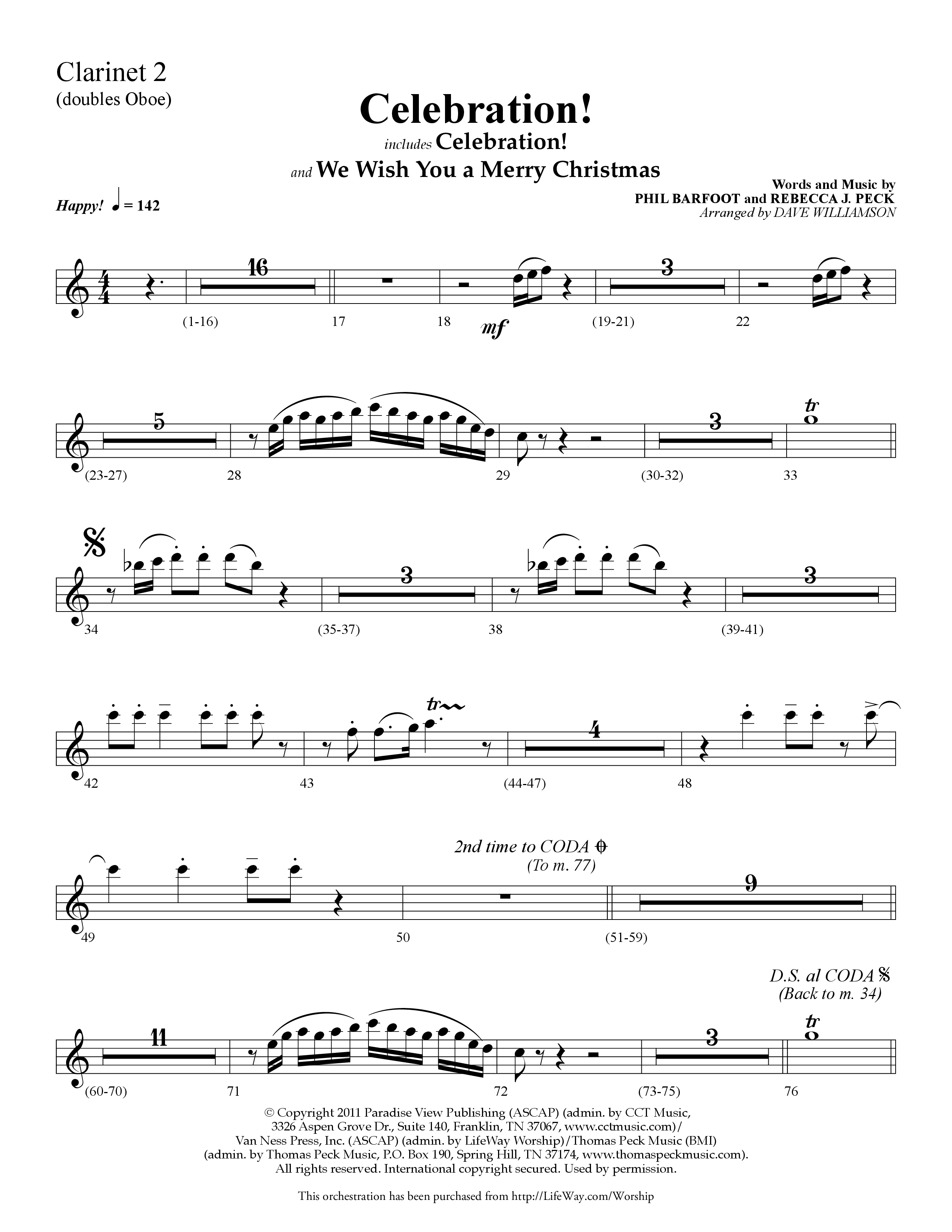 Celebration (Choral Anthem SATB) Clarinet 1/2 (Lifeway Choral / Arr. Dave Williamson)
