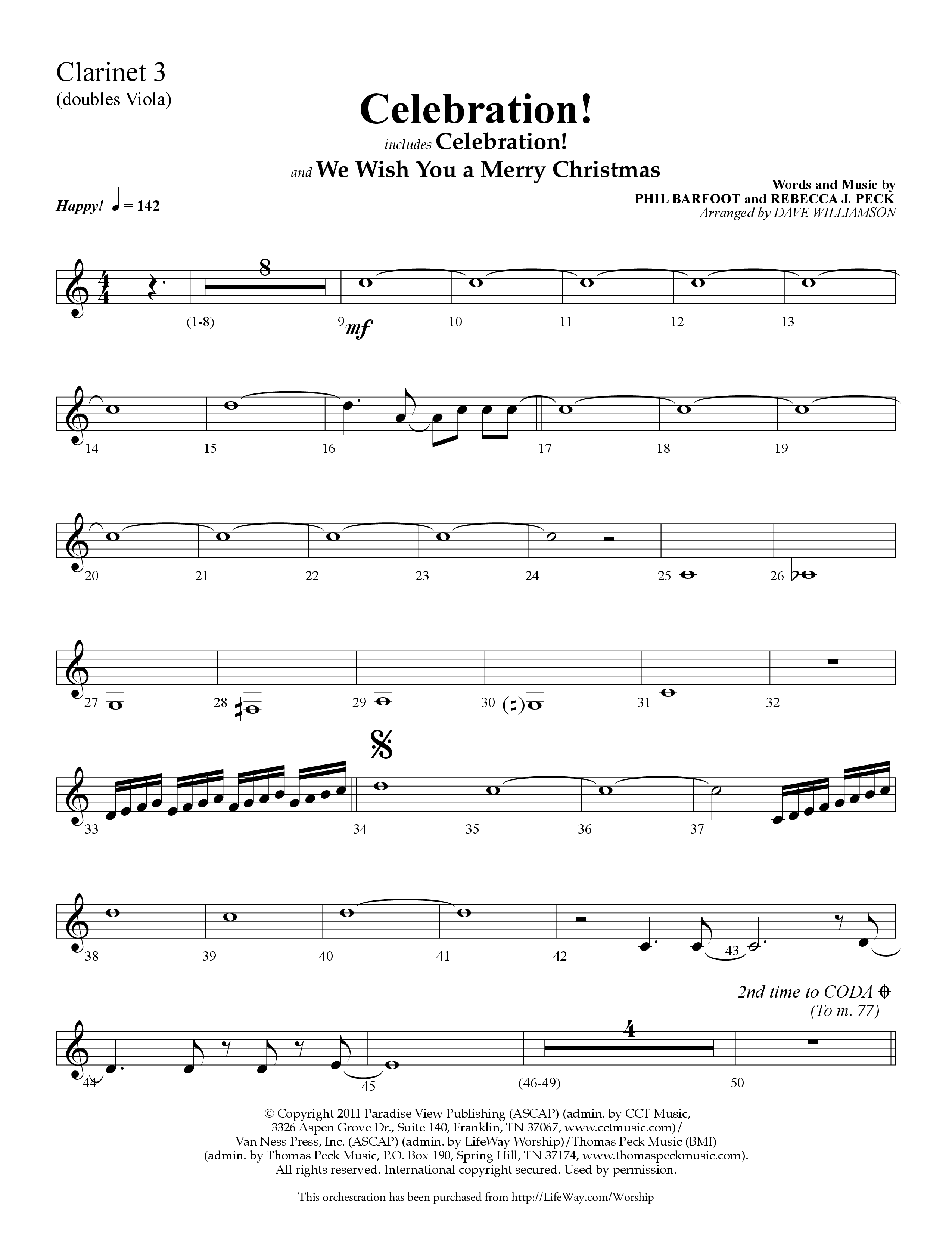 Celebration (Choral Anthem SATB) Clarinet 3 (Lifeway Choral / Arr. Dave Williamson)