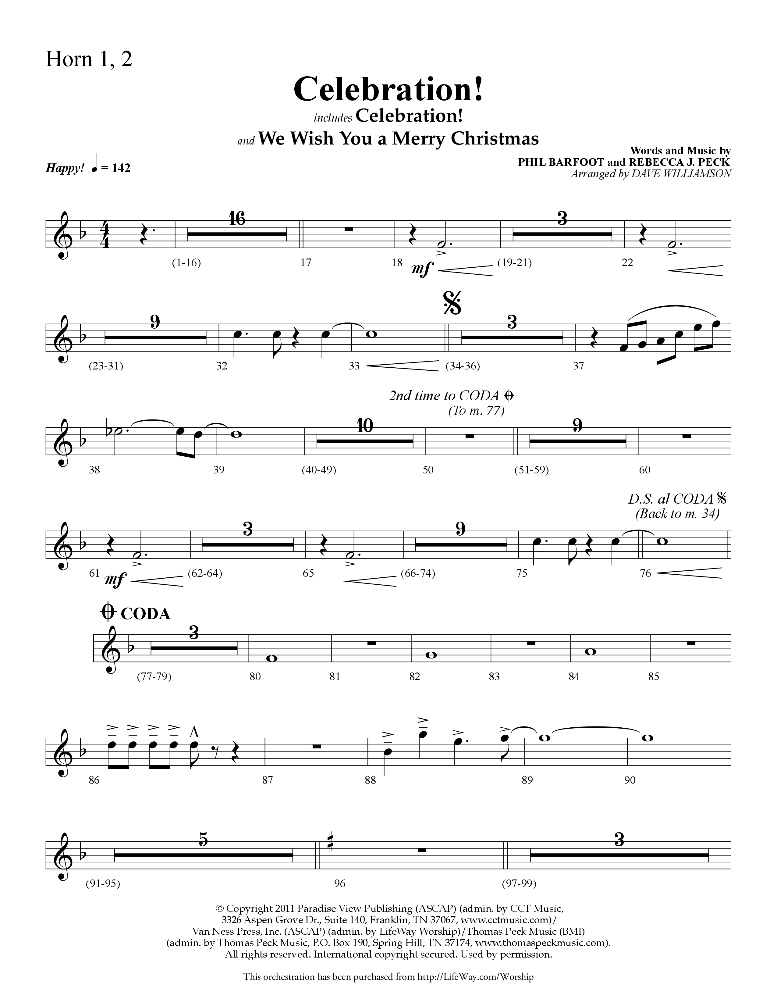 Celebration (Choral Anthem SATB) French Horn 1/2 (Lifeway Choral / Arr. Dave Williamson)