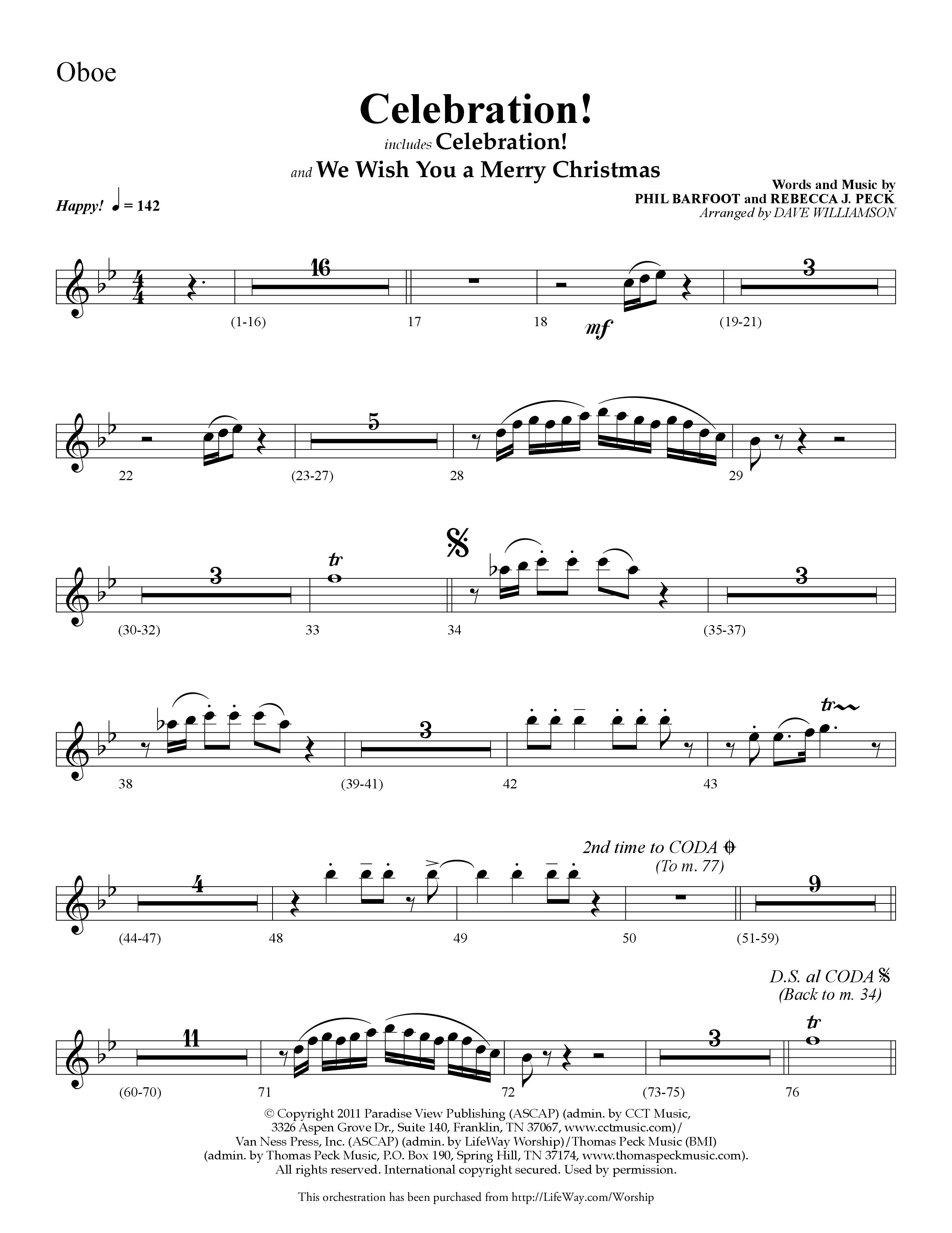 Celebration (Choral Anthem SATB) Oboe (Lifeway Choral / Arr. Dave Williamson)