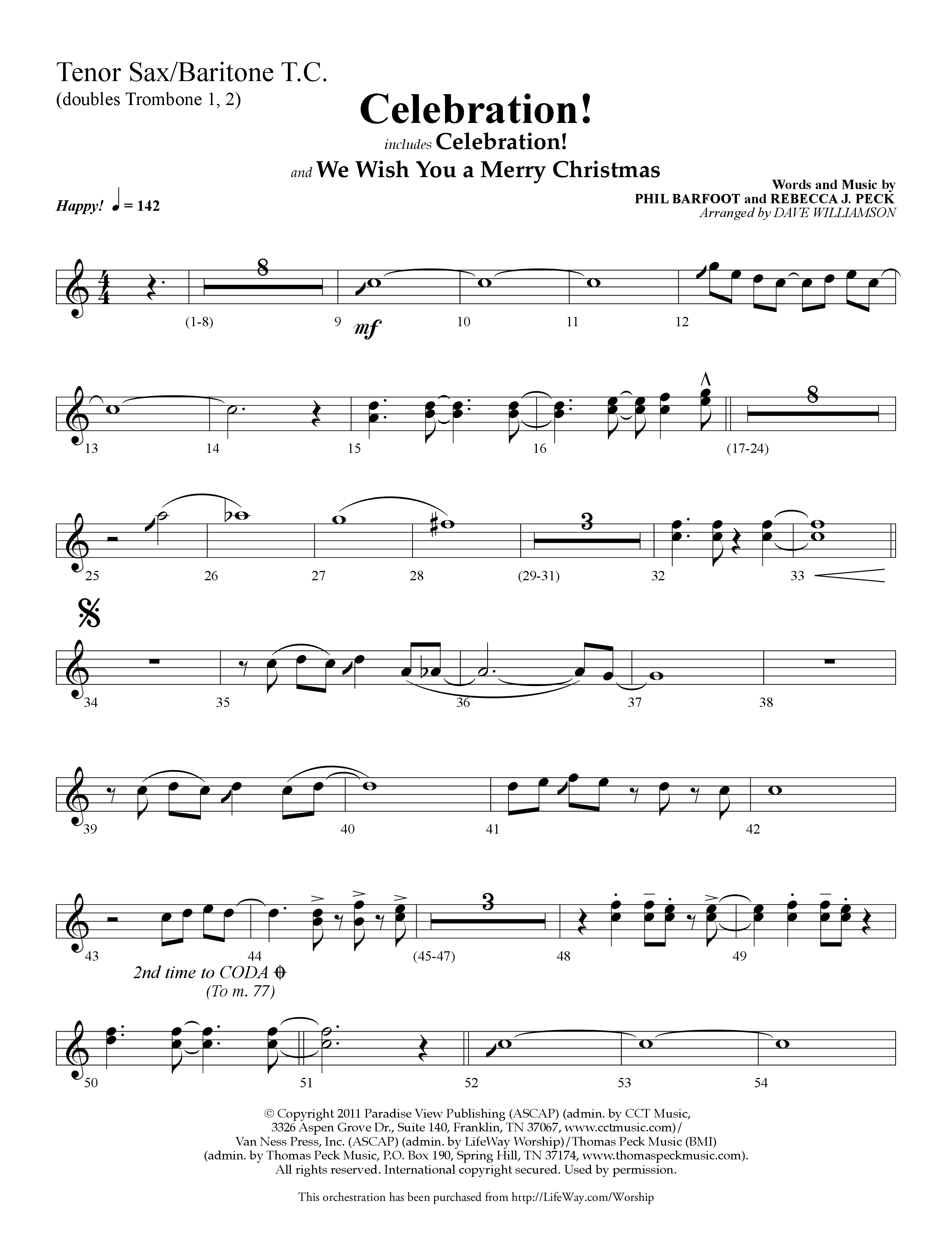Celebration (Choral Anthem SATB) Tenor Sax/Baritone T.C. (Lifeway Choral / Arr. Dave Williamson)