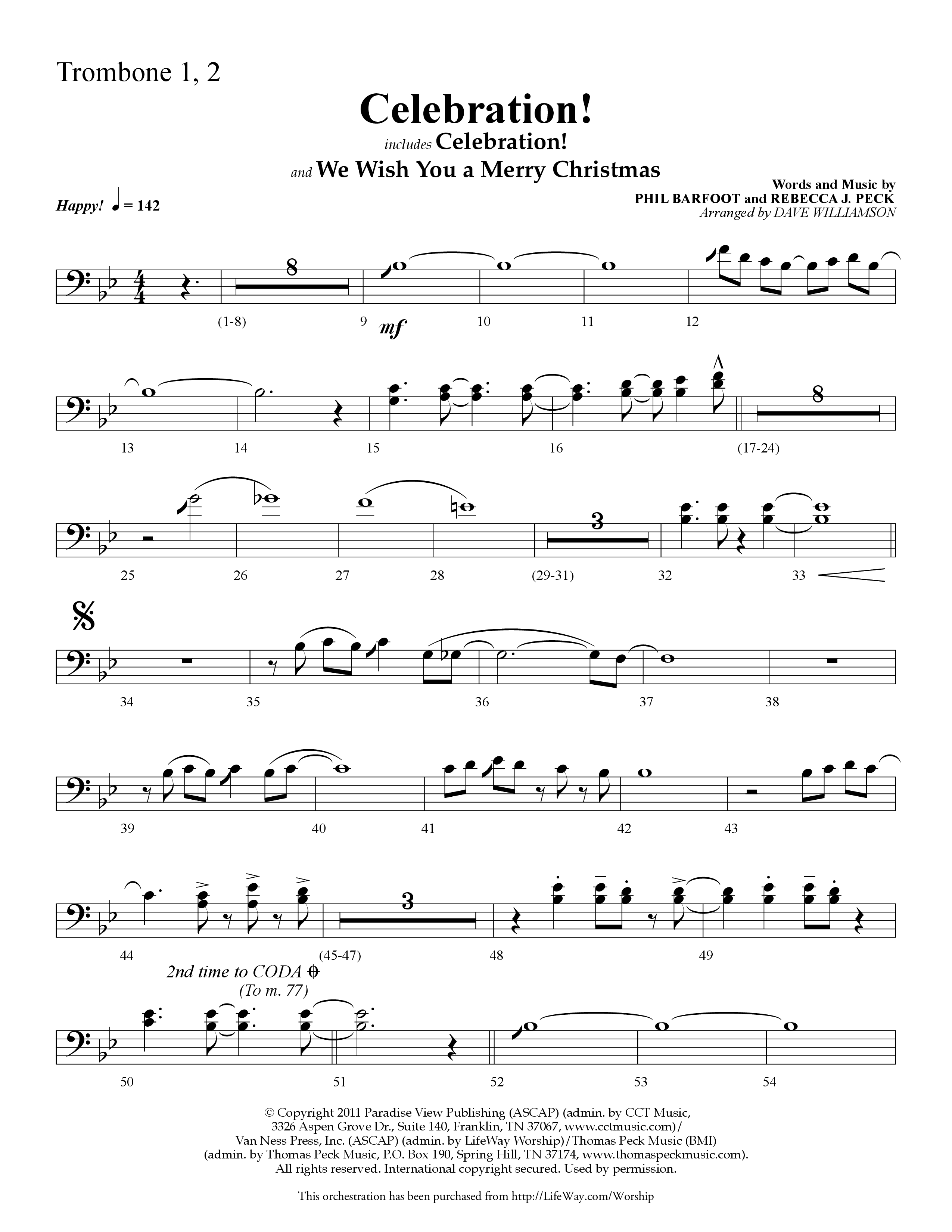 Celebration (Choral Anthem SATB) Trombone 1/2 (Lifeway Choral / Arr. Dave Williamson)