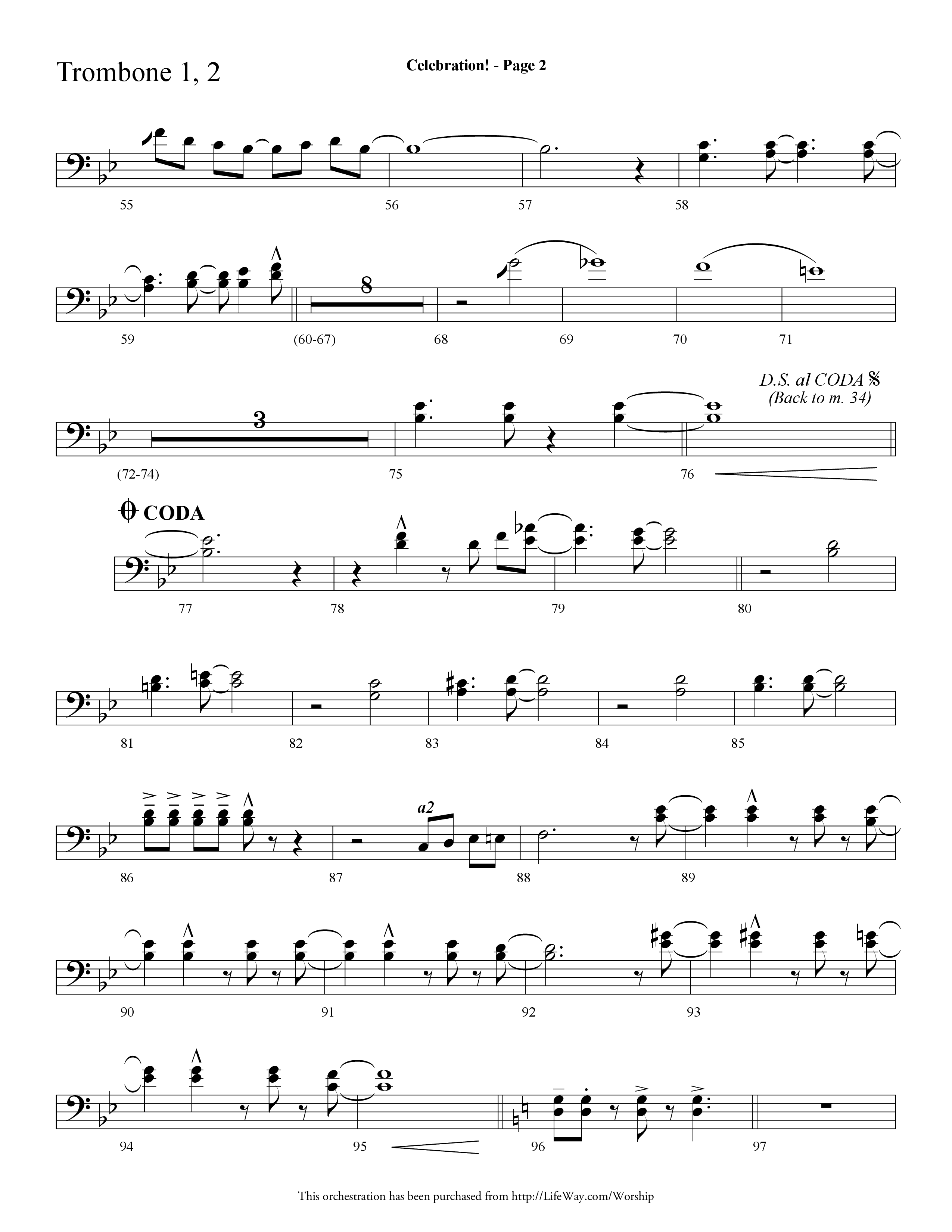 Celebration (Choral Anthem SATB) Trombone 1/2 (Lifeway Choral / Arr. Dave Williamson)