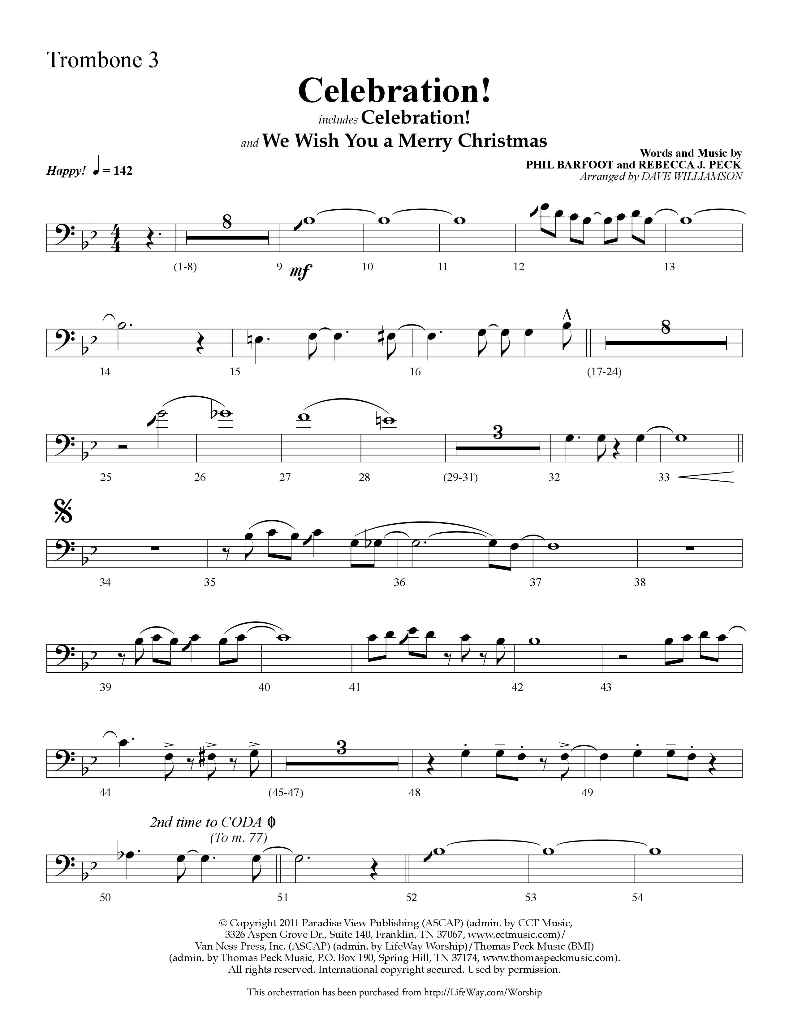 Celebration (Choral Anthem SATB) Trombone 3 (Lifeway Choral / Arr. Dave Williamson)