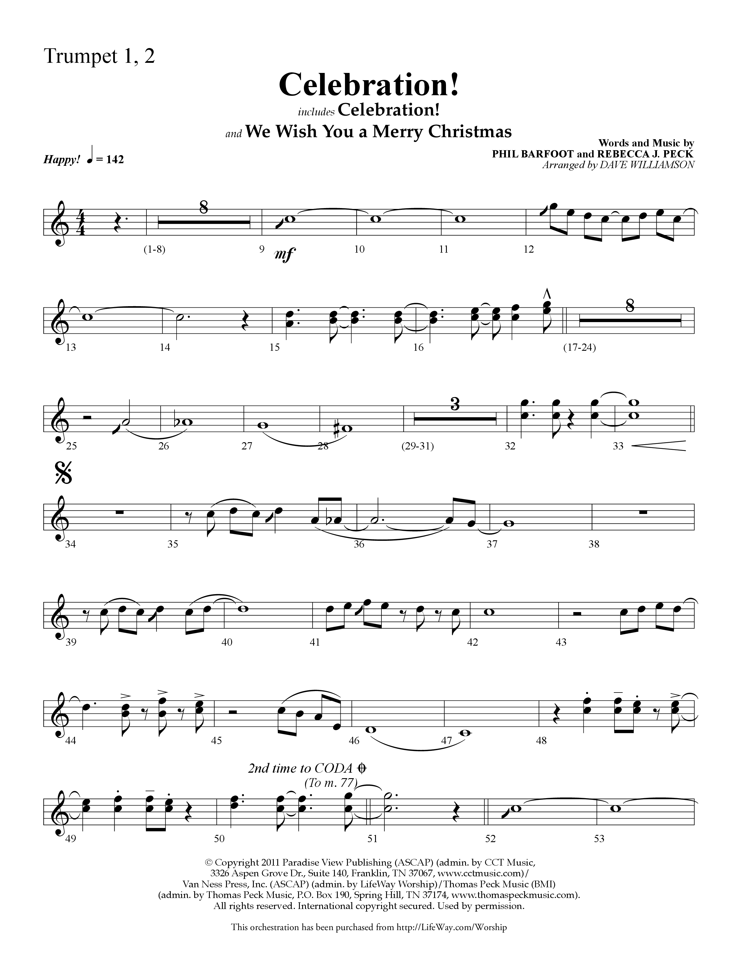 Celebration (Choral Anthem SATB) Trumpet 1,2 (Lifeway Choral / Arr. Dave Williamson)
