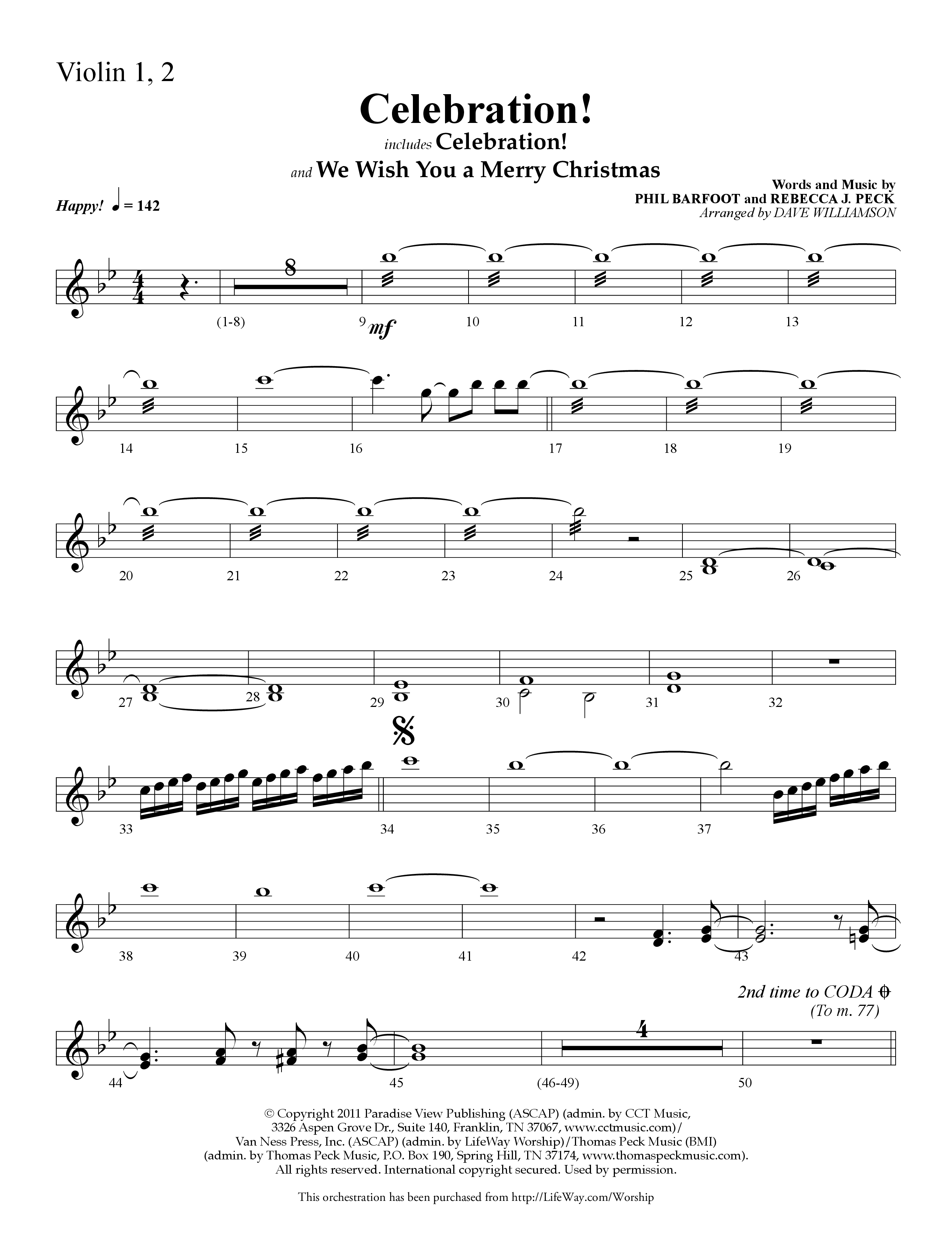 Celebration (Choral Anthem SATB) Violin 1/2 (Lifeway Choral / Arr. Dave Williamson)