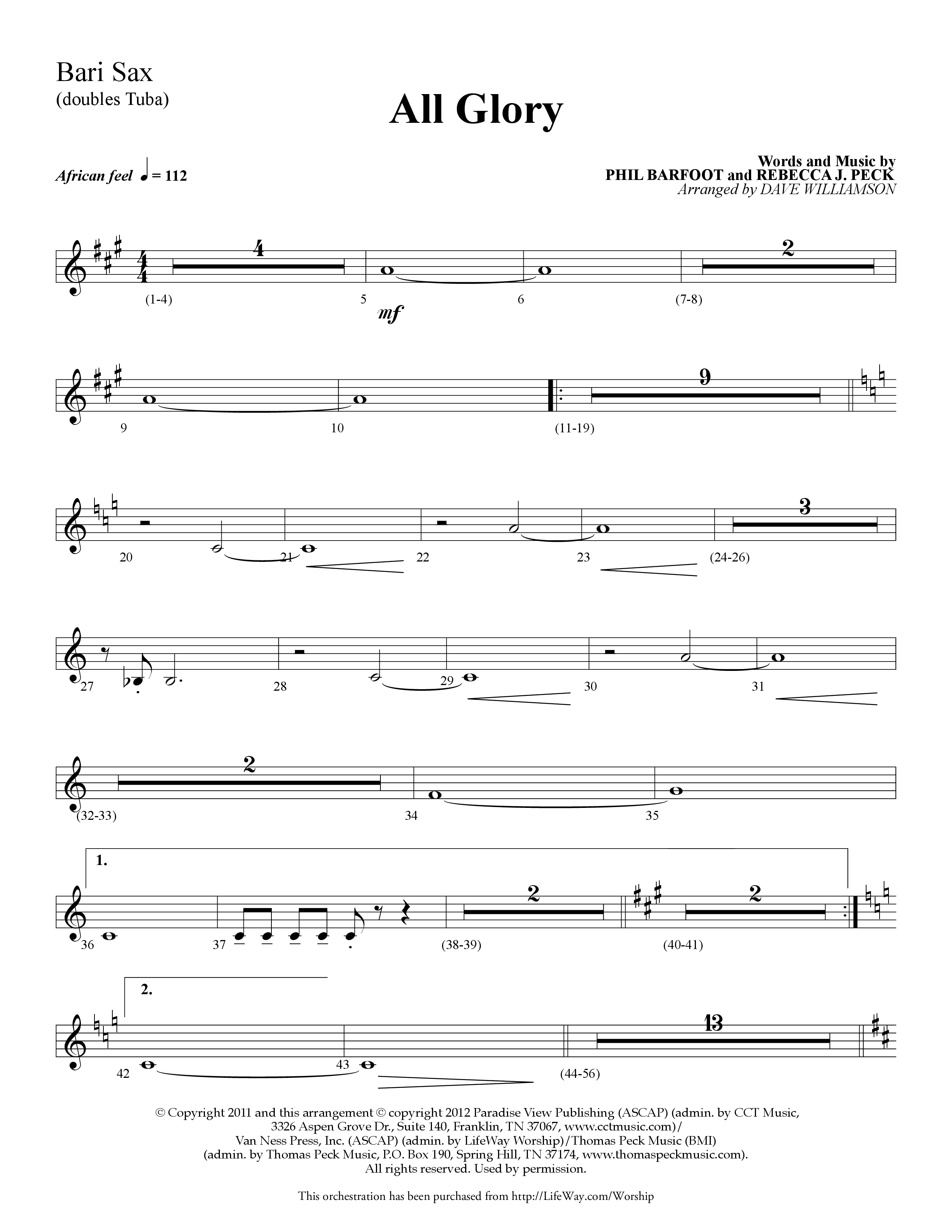 All Glory (Choral Anthem SATB) Bari Sax (Lifeway Choral / Arr. Dave Williamson)